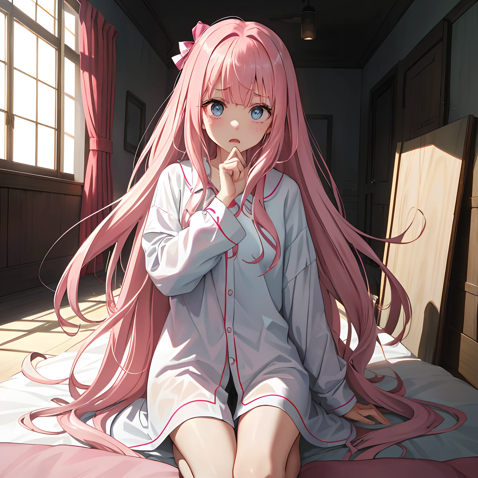 Pink hair, white shirt, girly, gentle