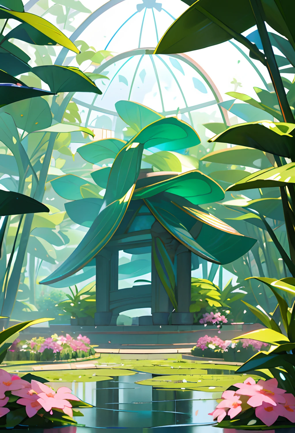 (top-quality,tmasterpiece,hyper realisitc),cleanness,Reflectors,raining day,rainwater,Wet ground,water puddles,indoor botanical garden,domes,Plenty of flowers,Dense mass of plants,The background landscape is a garden,Petals and puffs fly around。 --v6