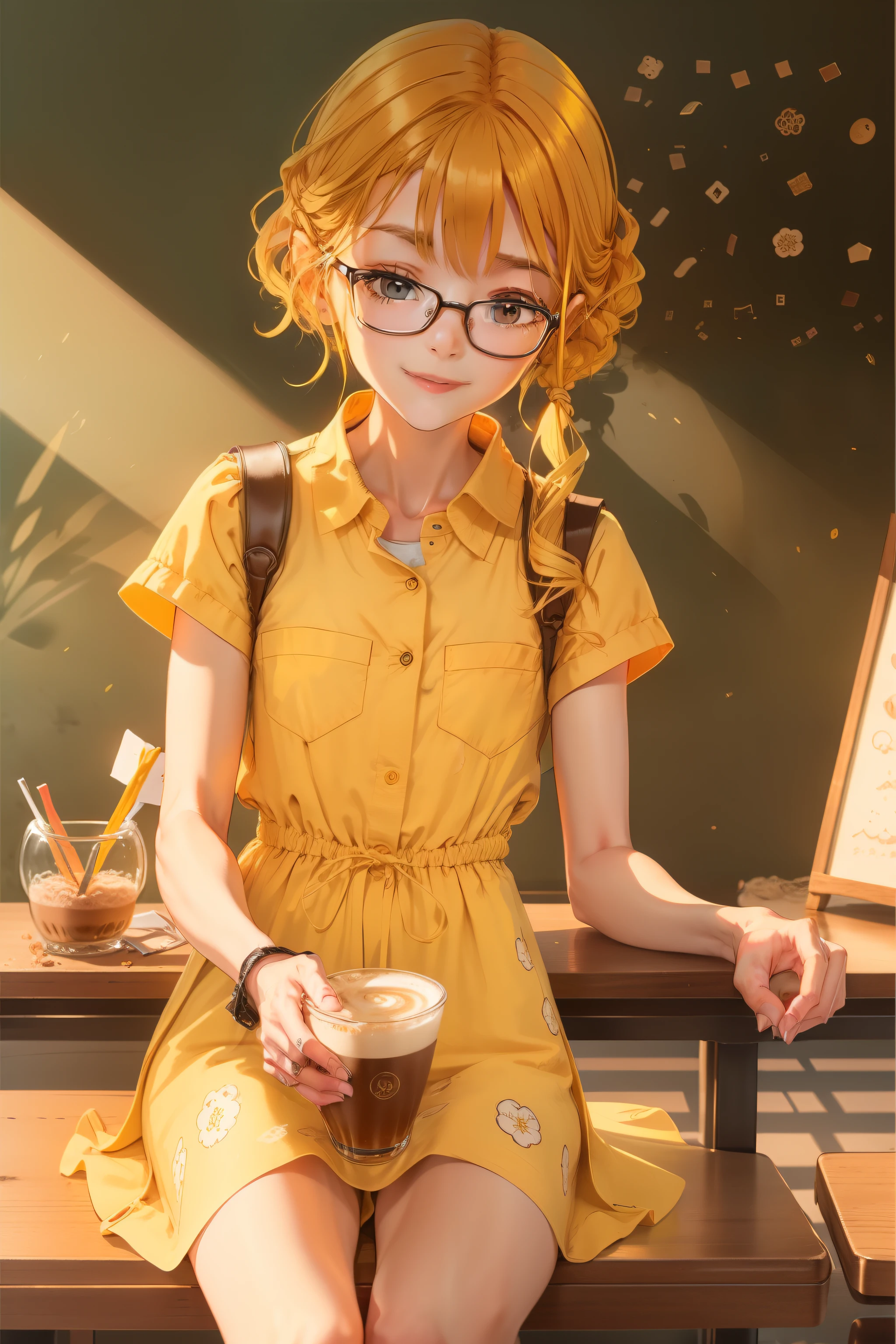 Draw a  sister，Wearing glasses，A yellow-haired，Drink coffee in a dessert shop