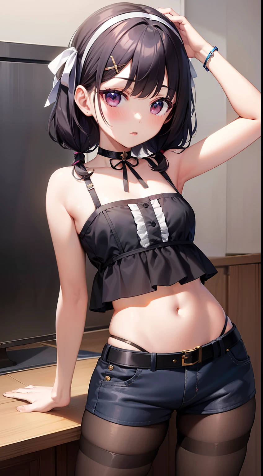 masterpiece, best quality, ultra-detailed, illustration, epic lighting, cinematic composition, isometric, 1girl, solo, cute, brown eyes, black hair, swept bangs, single sidelock, red hairclip, lingerie, chocker, enchanting gaze, captivating pose, indoors, office, door, opening door, looking at viewer, peeking out upper body, blush, seductive smile, closed mouth,(8k:1.1),