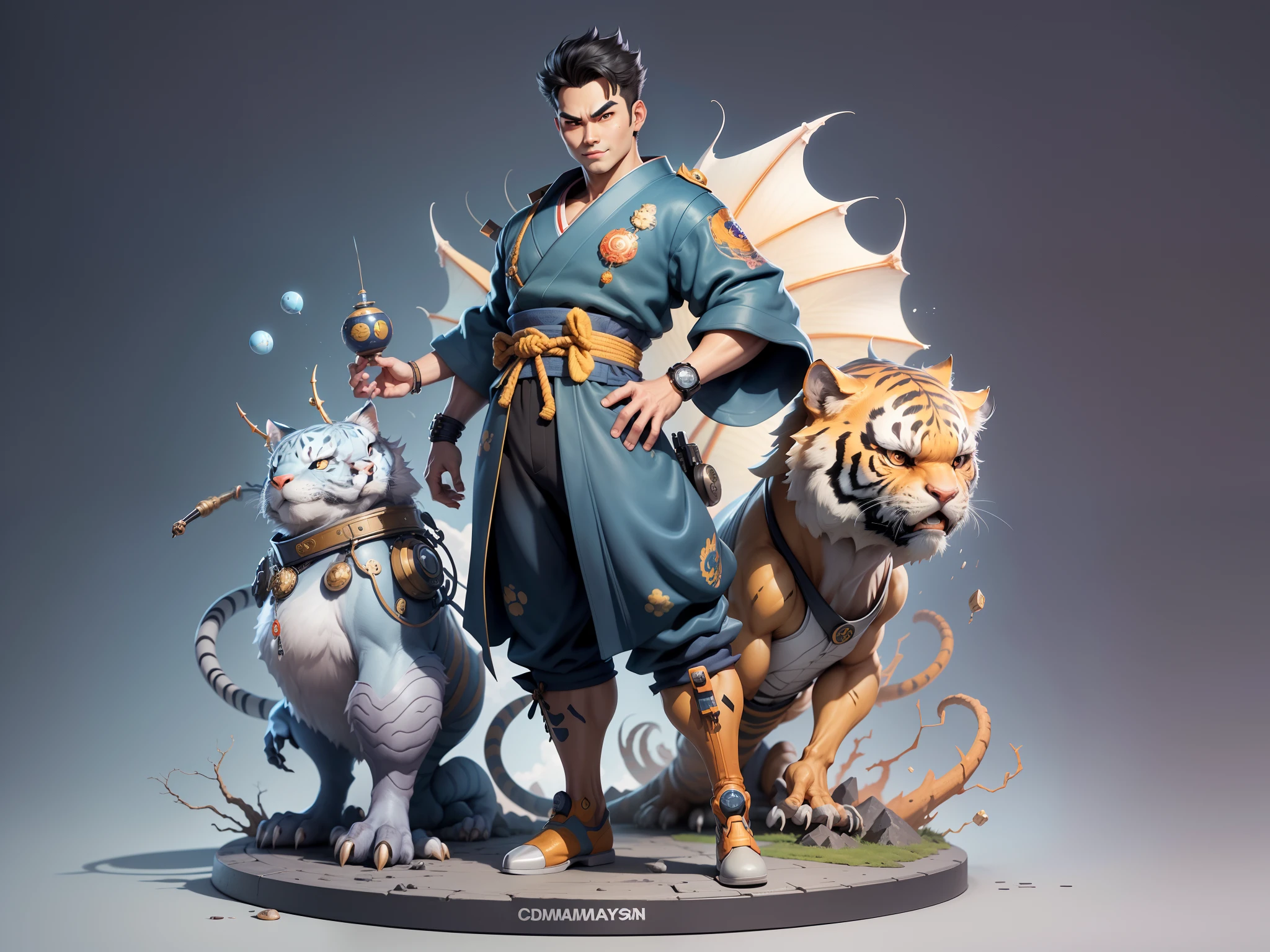 (Masterpiece), (Excellent), (Super Meticulous), (Full Body: 1.2), Super Young Man with Japanese Female Geisha, Beauty, Chinese Dragon, Tiger, Wind God Thor, Sexy, Bursting, Oriental Face, TV Anchor, Bust Portrait Illustration, Black Suit, Blue Tie, Slightly Chubby, Very Clean Face, No Beard, Black Super Short Hair, Black Eyes, Confident Smile, 3c Computer Sub-Products, iPad, iPhone, Digital Painting, 3D Character Design by Mark Claireden and Pixar and Hayao Miyazaki and Akira Toriyama, The illustration is a high-definition illustration in 4K resolution with very detailed facial features and cartoon-style visuals.