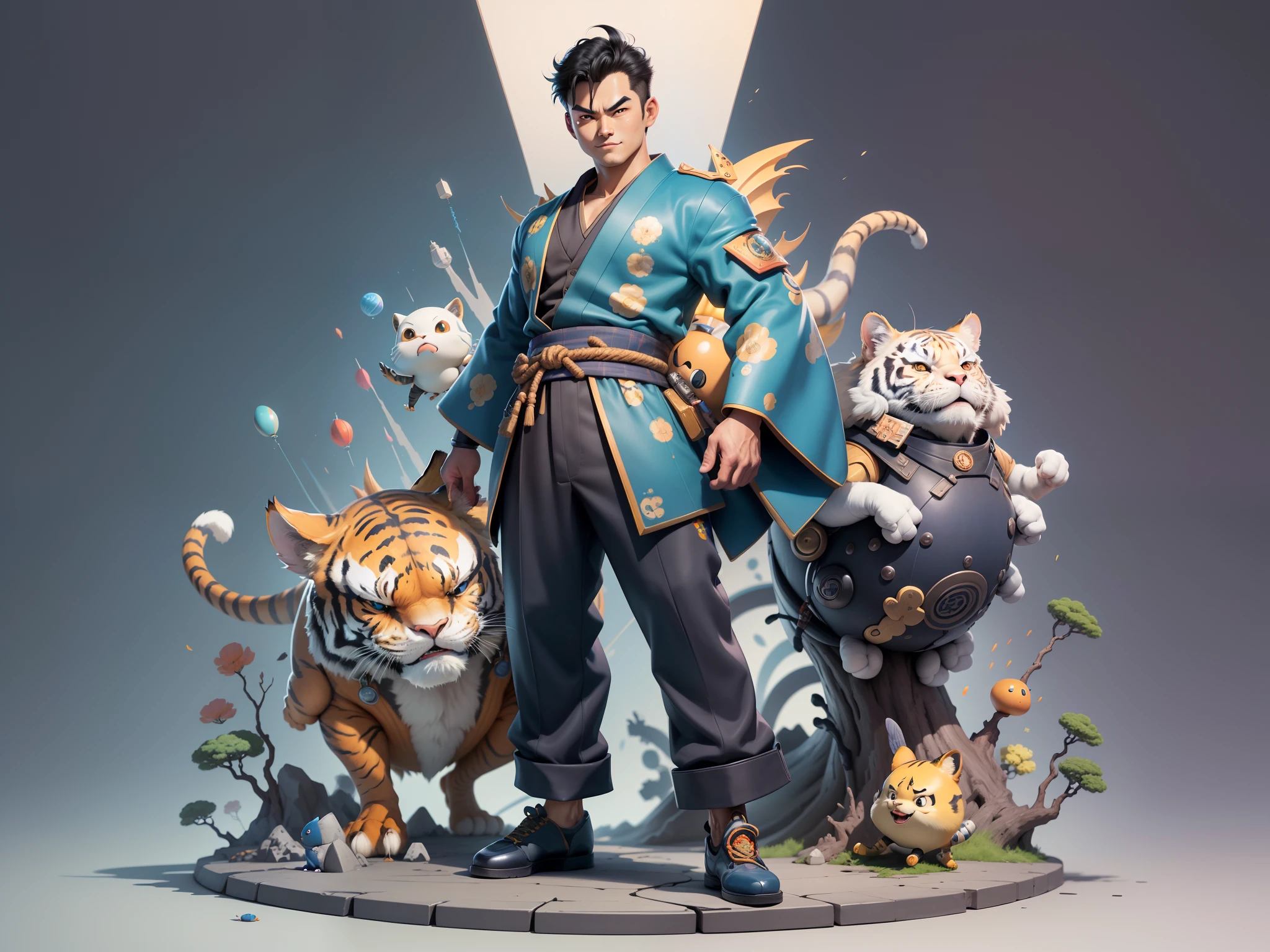 (Masterpiece), (Excellent), (Super Meticulous), (Full Body: 1.2), Super Young Man, Oriental Face, Japanese Kimono, Japanese Wind Thunder God, Dragon, Tiger, TV Anchor, Bust Portrait Illustration, Alone, Black Suit, Blue Tie, Slightly Chubby Face, Very Clean Face, No Beard, Black Super Short Hair, Black Eyes, Confident Smile, 3c Computer Sub-Products, iPad, iPhone, Digital Painting, 3D Character Design by Akira Toriyama and Mark Claireden and Pixar and Hayao Miyazaki, The illustration is a high-definition illustration in 4K resolution with very detailed facial features and cartoon-style visuals.