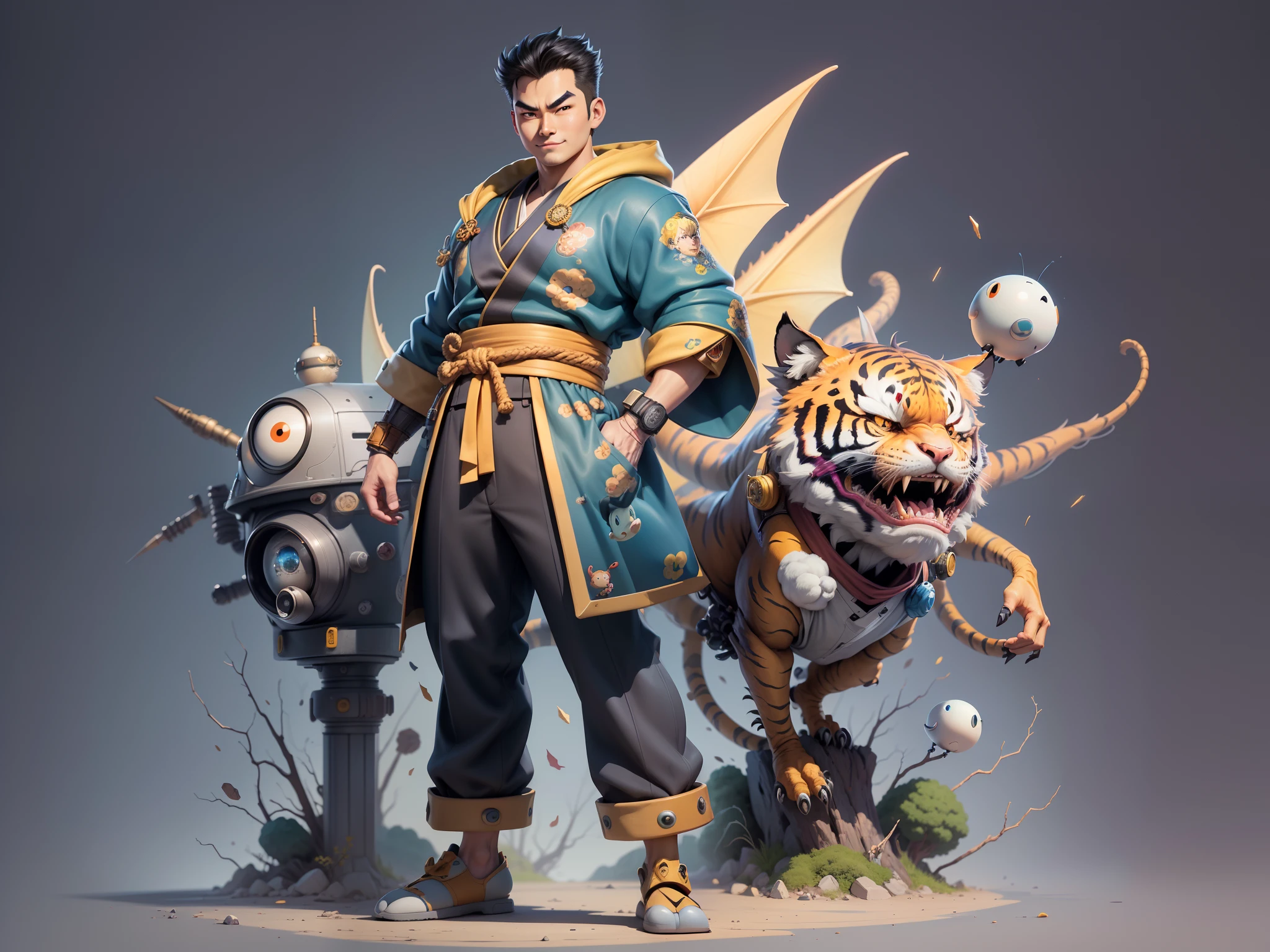 (Masterpiece), (Excellent), (Super Meticulous), (Full Body: 1.2), Super Young Man, Oriental Face, Japanese Kimono, Japanese Wind Thunder God, Dragon, Tiger, TV Anchor, Bust Portrait Illustration, Alone, Black Suit, Blue Tie, Slightly Chubby Face, Very Clean Face, No Beard, Black Super Short Hair, Black Eyes, Confident Smile, 3c Computer Sub-Products, iPad, iPhone, Digital Painting, 3D Character Design by Akira Toriyama and Mark Claireden and Pixar and Hayao Miyazaki, The illustration is a high-definition illustration in 4K resolution with very detailed facial features and cartoon-style visuals.