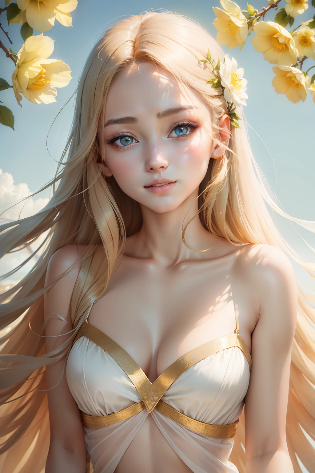 The golden ratio of the face is even,Soft and delicate skin,Bright and blooming eyes,Gentle and natural makeup,Elegant flowing long hair,Enchanted smile,sunny clear sky,A gentle breeze,Warm and soft sunshine,Top-down angle shooting。