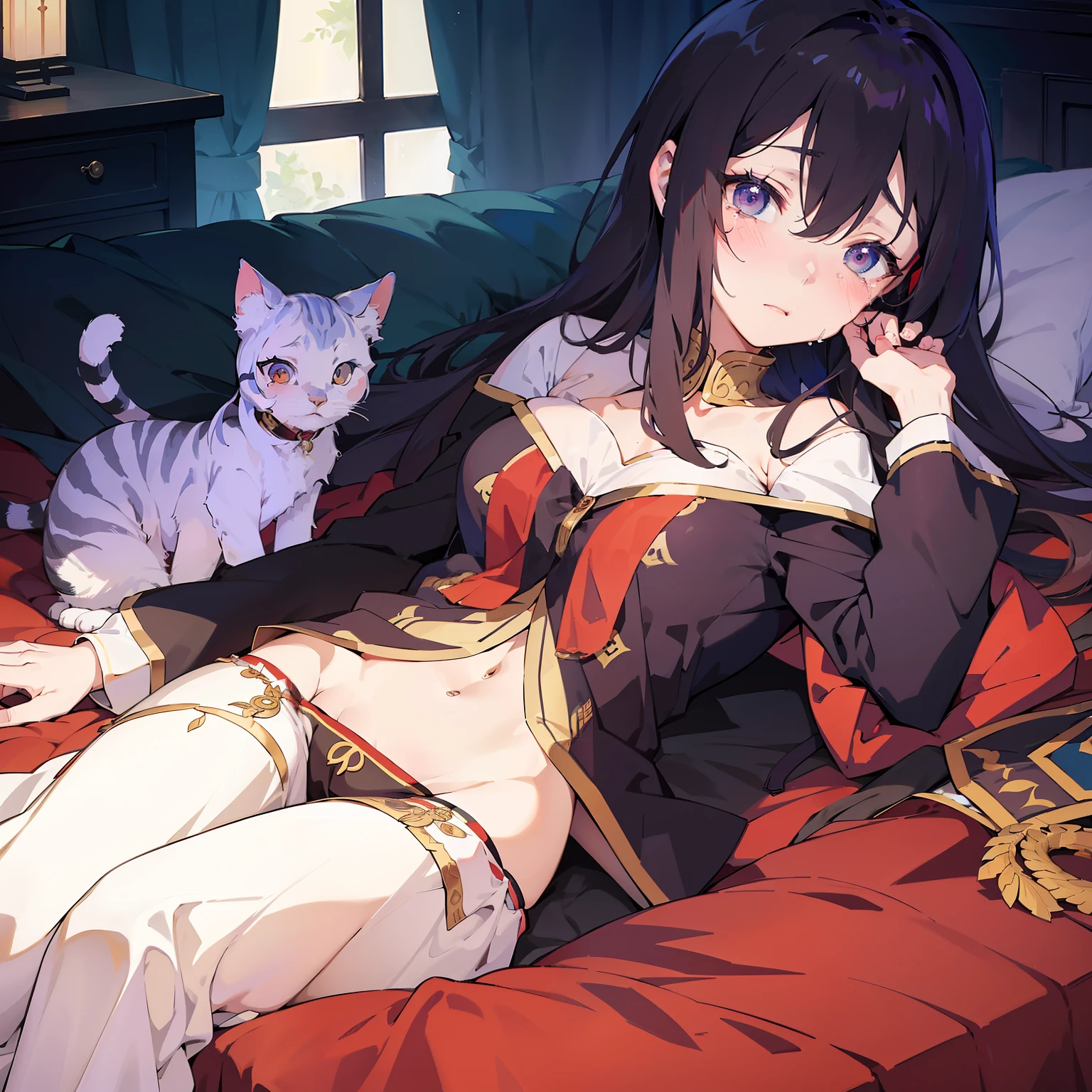 (1 person) (The protagonist, the Emperor's favorite concubine, is crying on her bed) (Her clothes are torn and her pet cat is lying lifeless next to her)