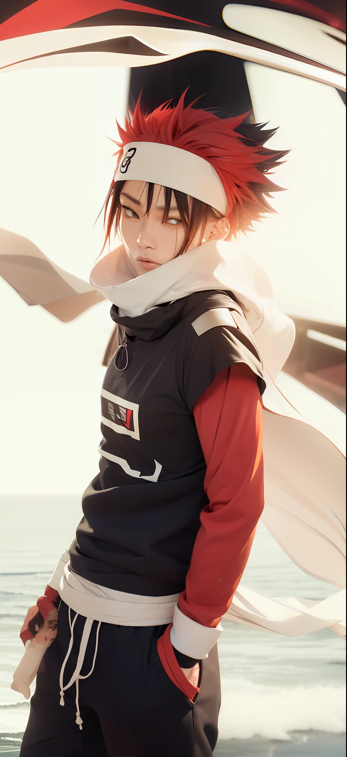 A light skinned mixed race African male with anime style spiked back hair, Red sleeves and hands in pockets, a red sweat band with a black line going down the side and a white line going down the side on the sweat band, with a long white shinobi scarf flowing in the wind standing in a dream like world standing on water on an endless sea horizon with endless clouds floating above, red eyes, red anime style spiked hair bangs in the front over the forehead, highest photo realistic