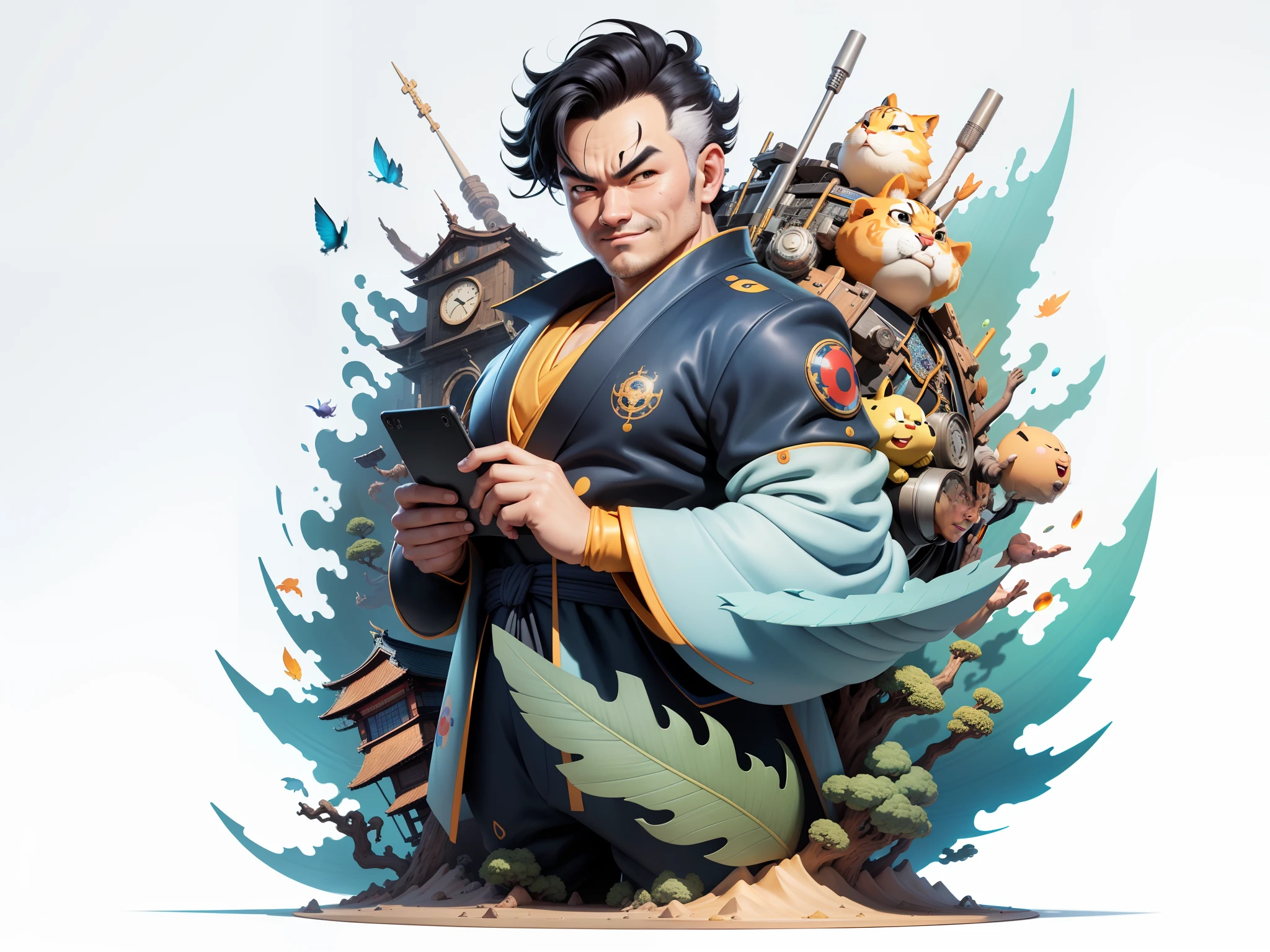 (Masterpiece), (Excellent), (Super Meticulous), (Full Body: 1.2), Super Young Man, Oriental Face, Japanese Kimono, Japanese Wind Thunder God, Dragon, Tiger, TV Anchor, Bust Portrait Illustration, Alone, Black Suit, Blue Tie, Slightly Chubby Face, Very Clean Face, No Beard, Black Super Short Hair, Black Eyes, Confident Smile, 3c Computer Sub-Products, iPad, iPhone, Digital Painting, 3D Character Design by Akira Toriyama and Mark Claireden and Pixar and Hayao Miyazaki, The illustration is a high-definition illustration in 4K resolution with very detailed facial features and cartoon-style visuals.