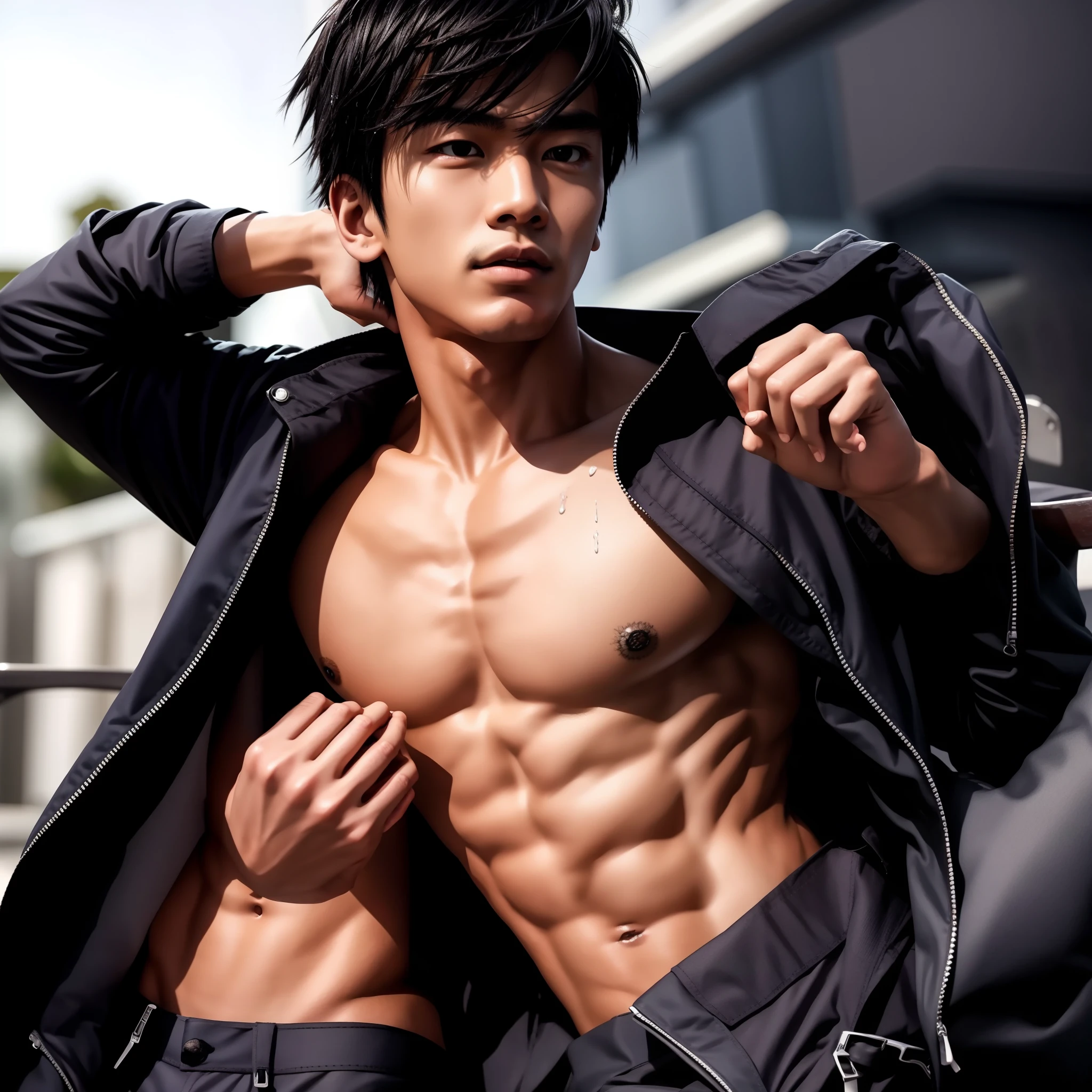 cool guy，23years old，Asian people，Works of masters，Best image quality，Higher quality，high detal，超高分辨率，8K分辨率，Exquisite facial features，Boy student，emaciated，Glowing eyes，short detailed hair，Hair details， ，[[Look away，Look to the side，Emphasize homosexuality and pay attention to every detail ，（（（（Bulging crotch)））））（Blood），Get wet all over your body，（Get wet all over your body）