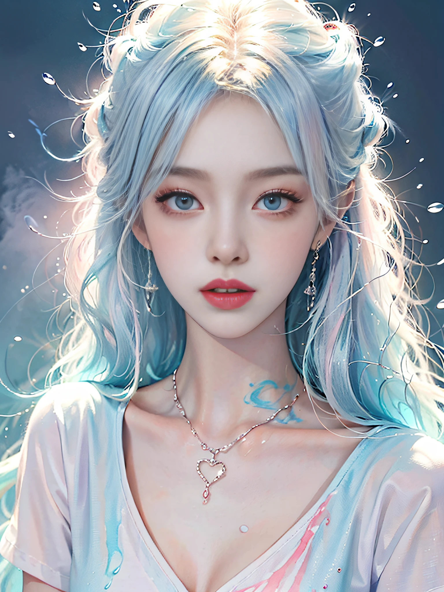 A cute and beautiful girl,Big eyes of the water spirit,lovely and delicate,Peerless beauty,Delicate hair accessories,pitying,(messy hair),lacy clothing,Supple skin,Fashionab,A delicate painting,Clover hairpins,Blue,Ultra-high image quality,8K,depth of fields,(Macro lens),Ambient lighting,high light,Upper body animation style,Comics,High quality above the waist