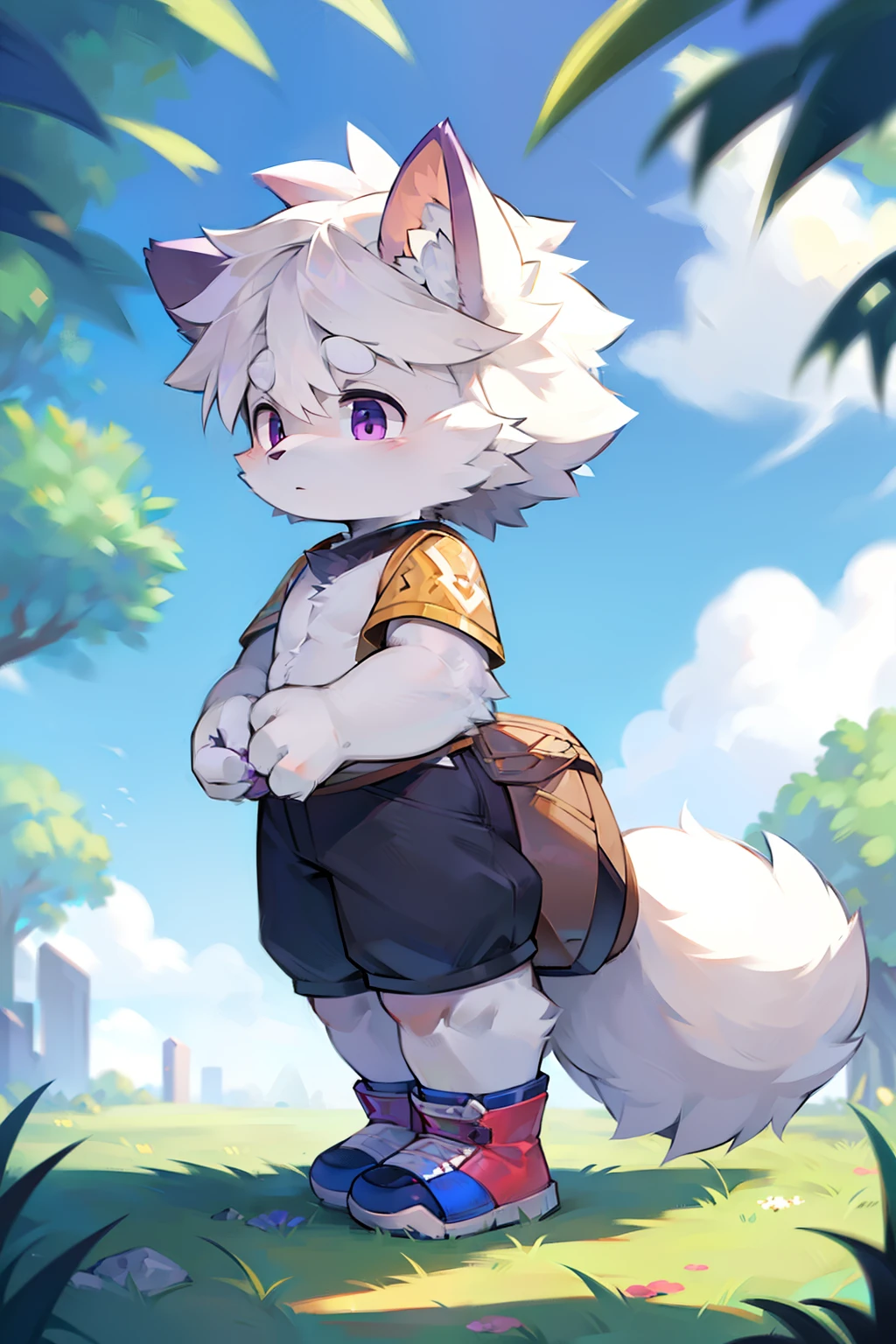 solo person,shaggy male,hairy bodies,shoun,coyote,canid,Gray fur,long white hair,The ends of the hair are purple,Purple eye,Bullied,adolable,Handsome,large tail,full bodyesbian,Stand on the clouds,Immortals,Deities,Libido boy,Shota