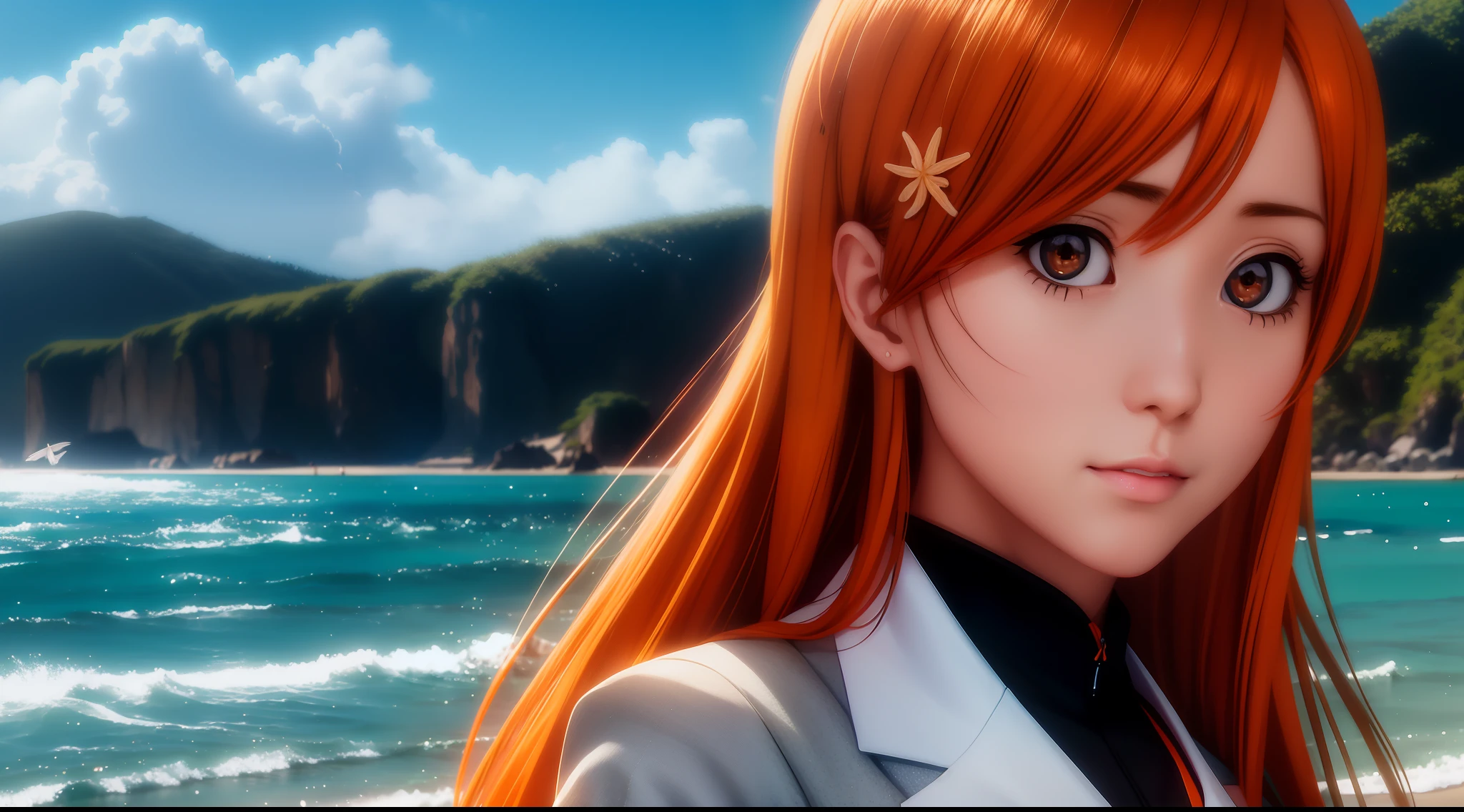 focused upper body, 1 girl, orihime inoue, japanese school uniform, sparkling grey eyes, (((beach background))), Colorful beautiful girl: orange hair, nice perfect face with soft skinice perfect face, intricate detail, splash screen, 8k resolution, masterpiece, artstation digital painting smooth, 8k resolution photorealistic masterpiece, professional photography, natural lighting, volumetric lighting maximalist photoillustration: by marton bobzert