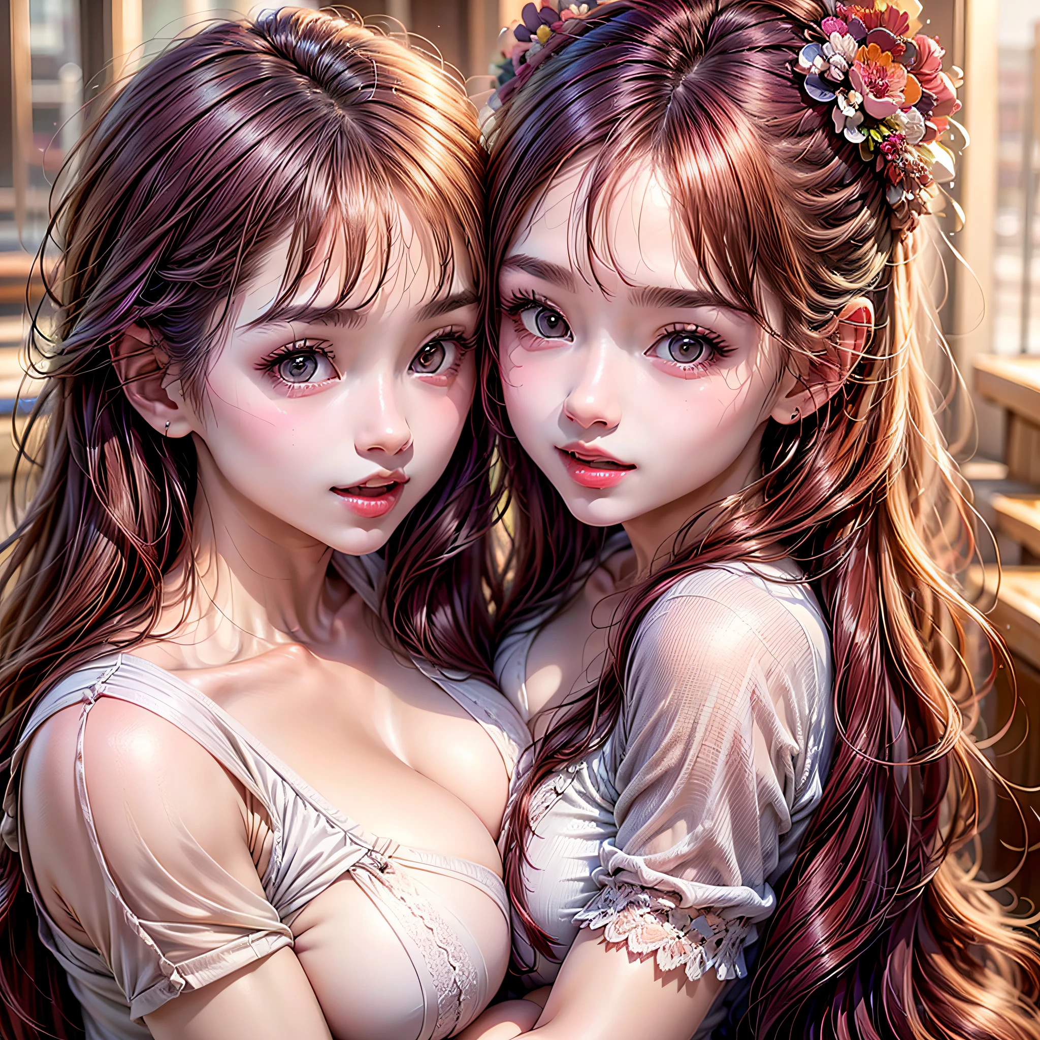 (2young girls:1.3), Supreme cuteness, Super beautiful detailed face, Highest Quality, Highest image quality, Top resolution, RAW Photos, Realistic, Photorealsitic, ultra detailed and beautiful, highest details, Beautiful fair skin and luster, Beautiful big eyes, Gloss on lips, Straight hair blown by the wind, Slender body, (Beautiful breasts:1.3), Open mouth slightly, Cute smile, (High school uniform with wide open chest:1.4), (Exposing your chest:1.3), portrait of cute girl, indoors, school stairs,