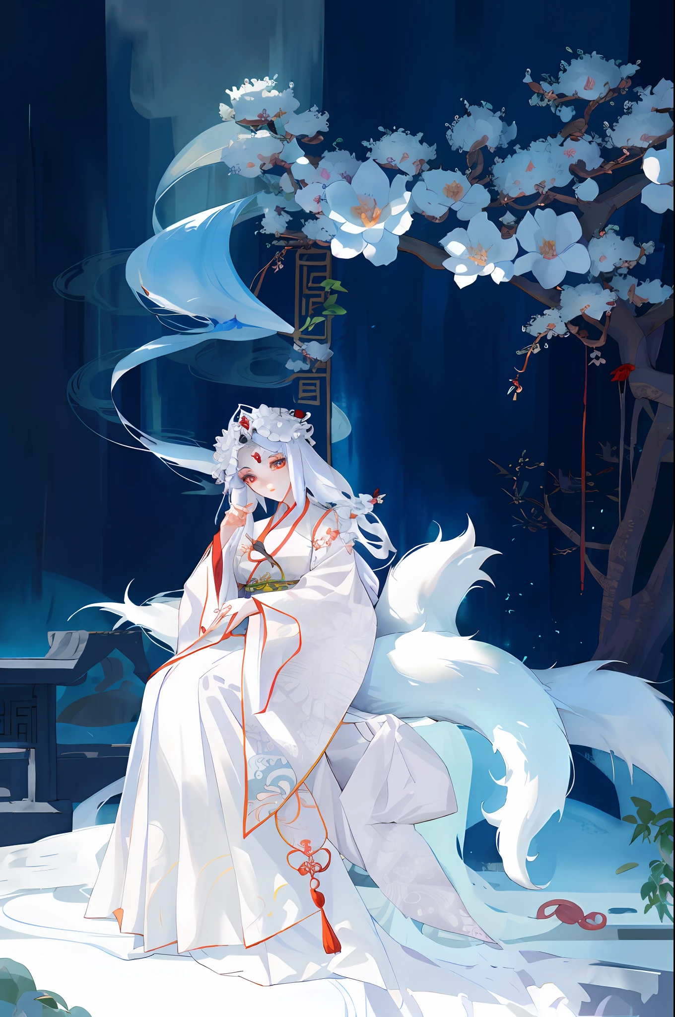 Woman in white dress,Nine-tailed foxtail, xianxia fantasy, White Hanfu, Palace , A girl in Hanfu, Ethereal fantasy, a beautiful fantasy empress, Ethereal beauty,, ((a beautiful fantasy empress)), Chinese fantasy, full-body xianxia, Hanfu, Xianxia, Ethereal tail
