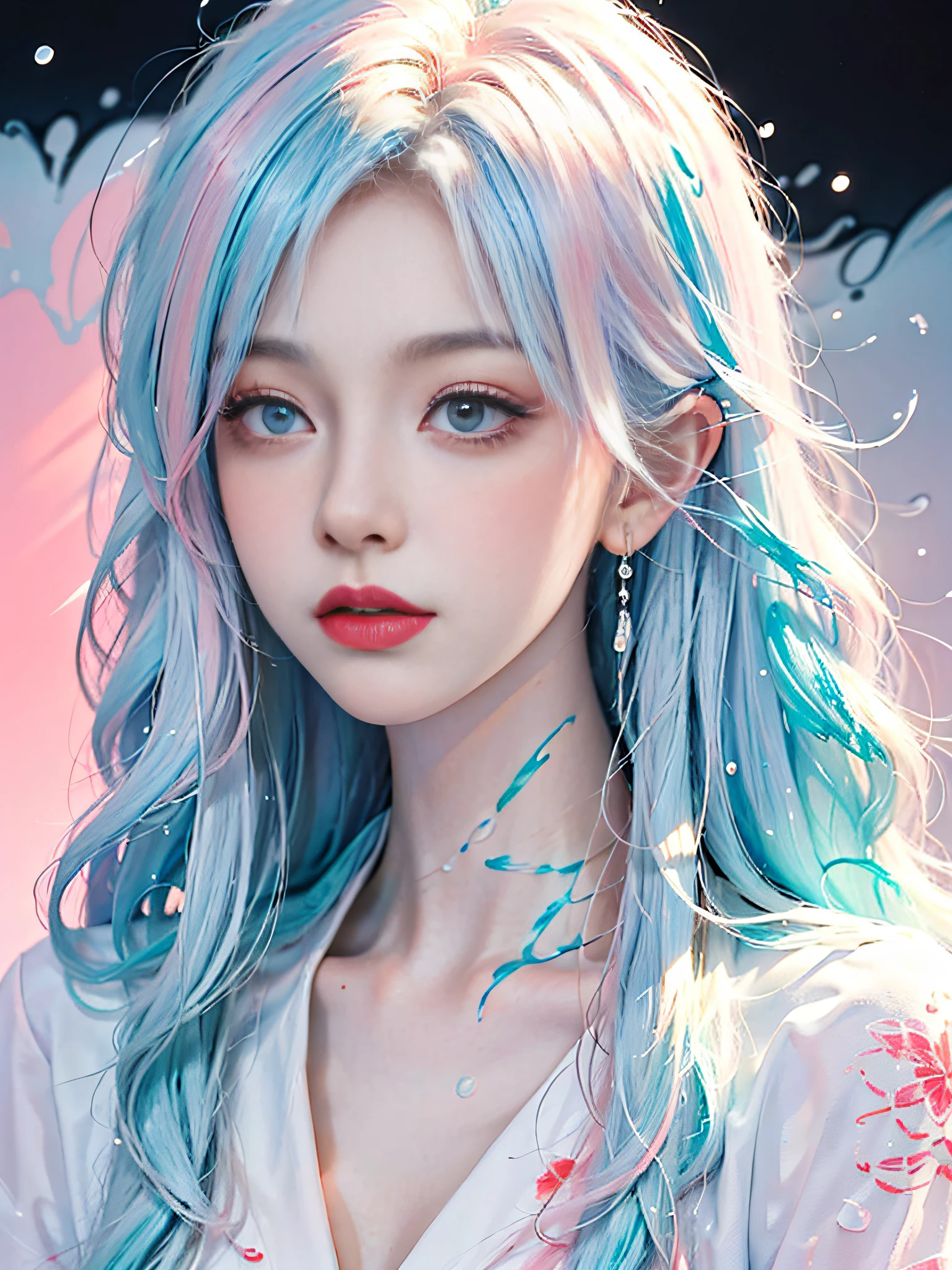 (Masterpiece, Best Quality, High Resolution), White Background, Acrylic Paint, ((Color Splash, Splash of Ink, Color Splash)), Sweet Chinese Girl, Long Light Blue Hair, [Light Blue|Pink] Hair, Curly Hair, Glitter, Peach Lips, White Shirt, Front, Upper Body