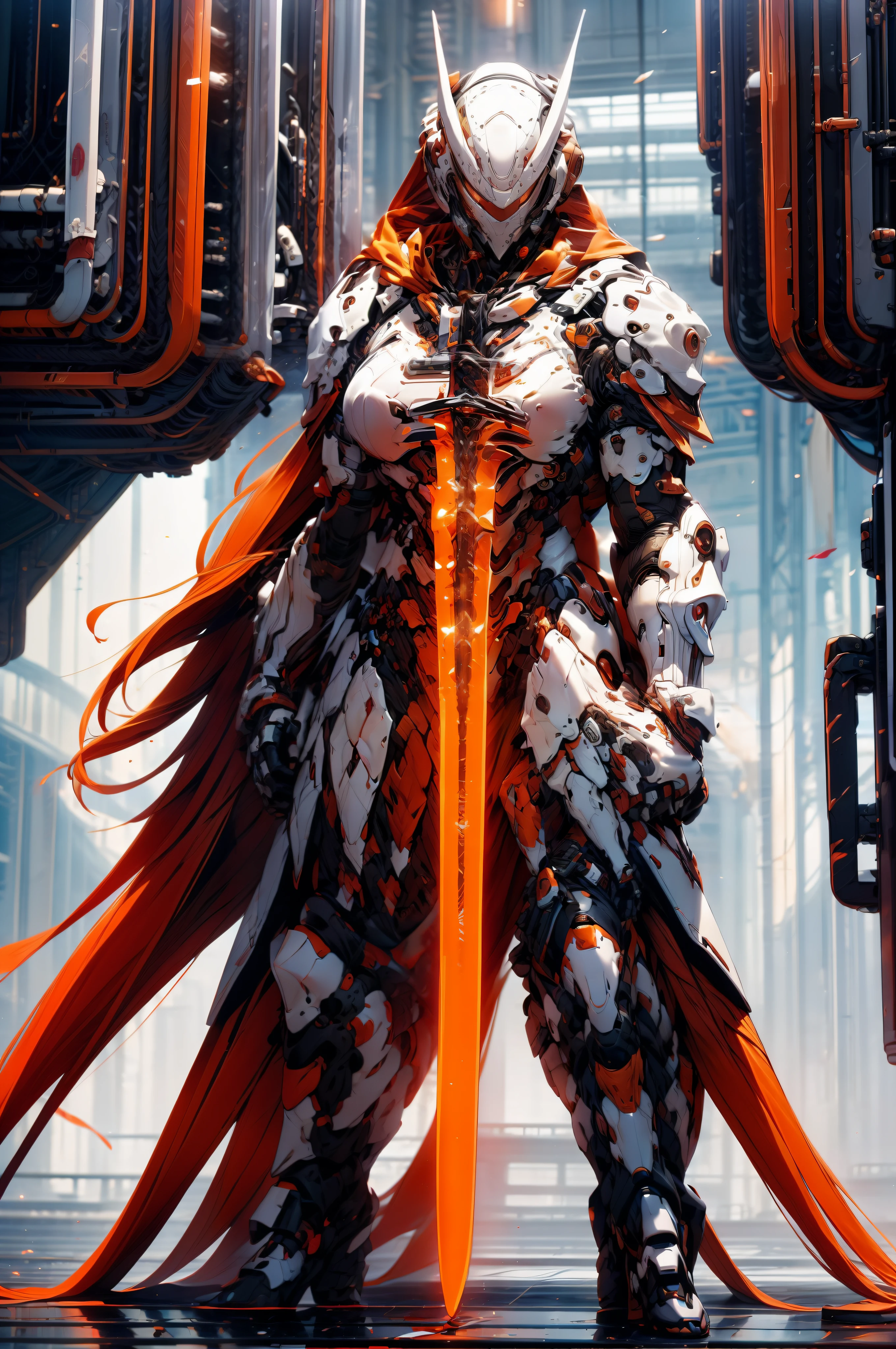 a pregirl,long whitr hair,orange color hair,full bodyesbian,in a panoramic view,Faraway view,Stand in virtual space,A girl,huge tit,Wearing a red and white mech, White is the majority, The interior is decorated with a gold pattern, The back has huge orange light wings, Holding a large katana, The blade emits a blood-red glow, Cowboy shot, Masterpiece, Best quality, Award-Awarded, High details, Super detail