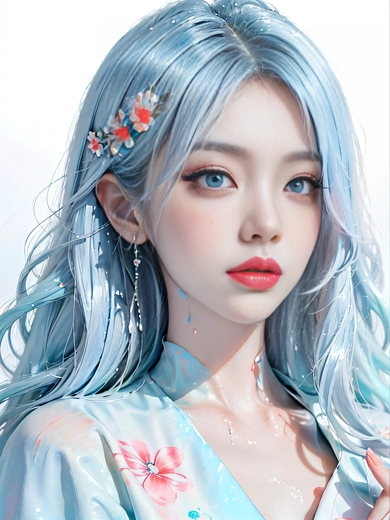 (Masterpiece, Best Quality, High Resolution), White Background, Acrylic Paint, ((Color Splash, Splash of Ink, Color Splash)), Sweet Chinese Girl, Long Light Blue Hair, [Light Blue|Pink] Hair, Curly Hair, Glitter, Peach Lips, White Shirt, Front, Upper Body