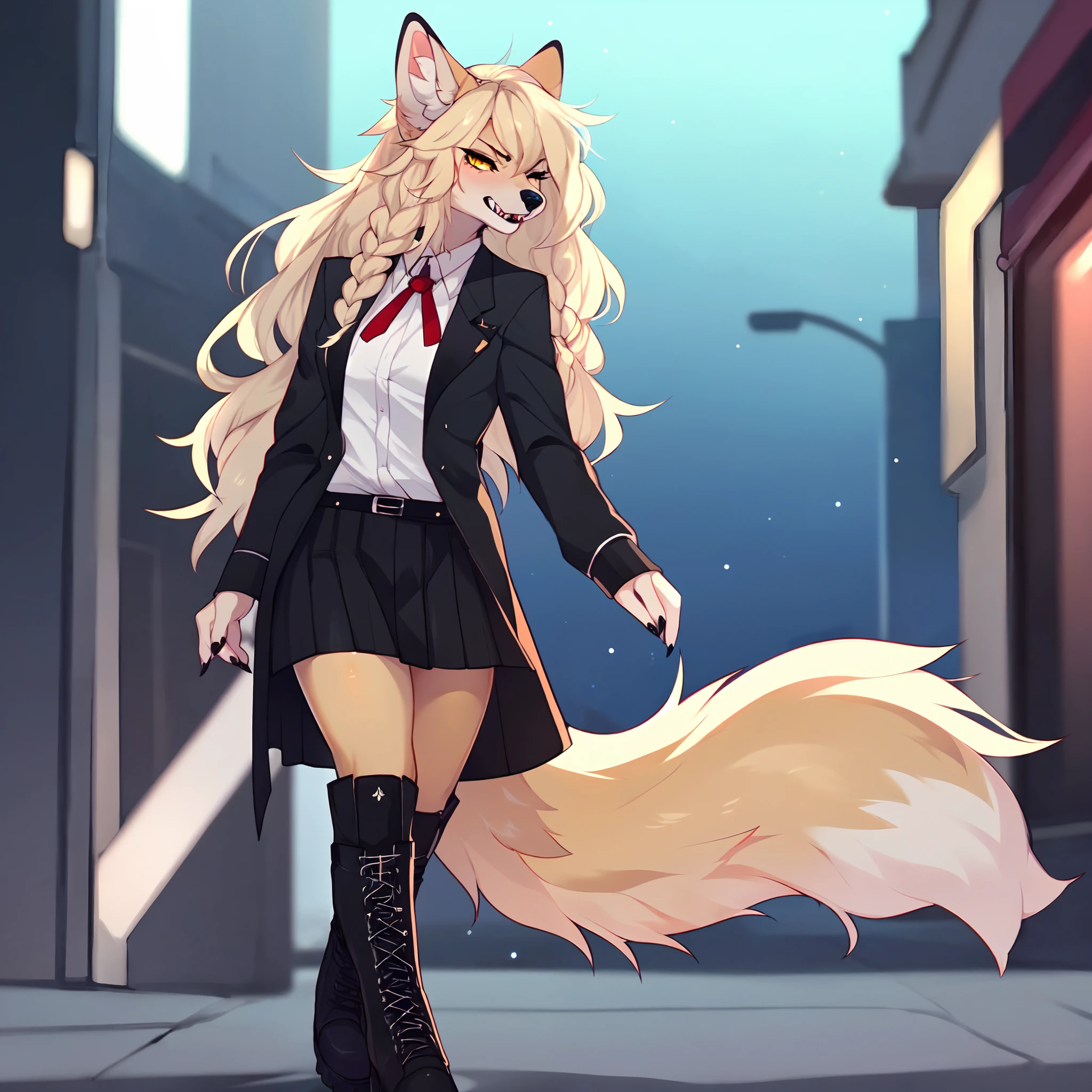 (By hyattlen, by fumiko, by claweddrip):1.1 solo:1.1, (tan fox girl), female, fluffy tan ears, black_tips_on_ears:1.1, (tan_body:1.1), black nose, cute snout, fluffy blonde tail, white tail tip, long blonde hair, french braided hair, visible fangs, hyena_teeth:1.1, large sharp canine teeth, showing teeth, detailed teeth, detailed yellow eyes, angry eyes, small breasts, wearing closed goth blazer, white shirt, red tie, black skirt, combat boots, walking down a busy street, at night, nighttime