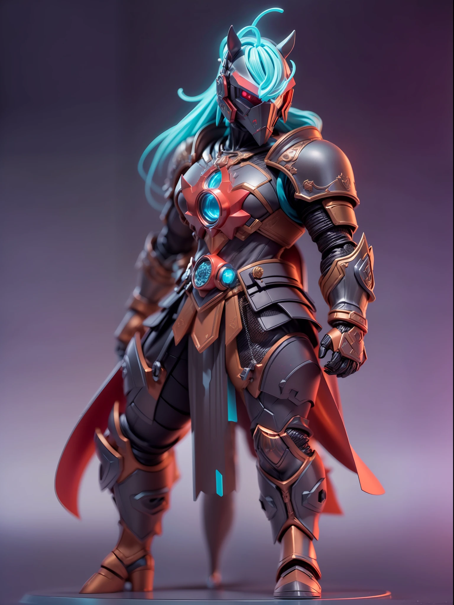 (Blind box toy style:1.3),((Full body shot))(anthropomorphism) , (1 strong horsehead metal warrior)(((solo))) metal armor,dreamy glow, Clean dark background,Red cyan style，(circular base）( Global illumination, Ray tracing, hdr, unreal render,reasonable design, high detail, Masterpiece, Best quality, hyper HD, Cinematic lighting)