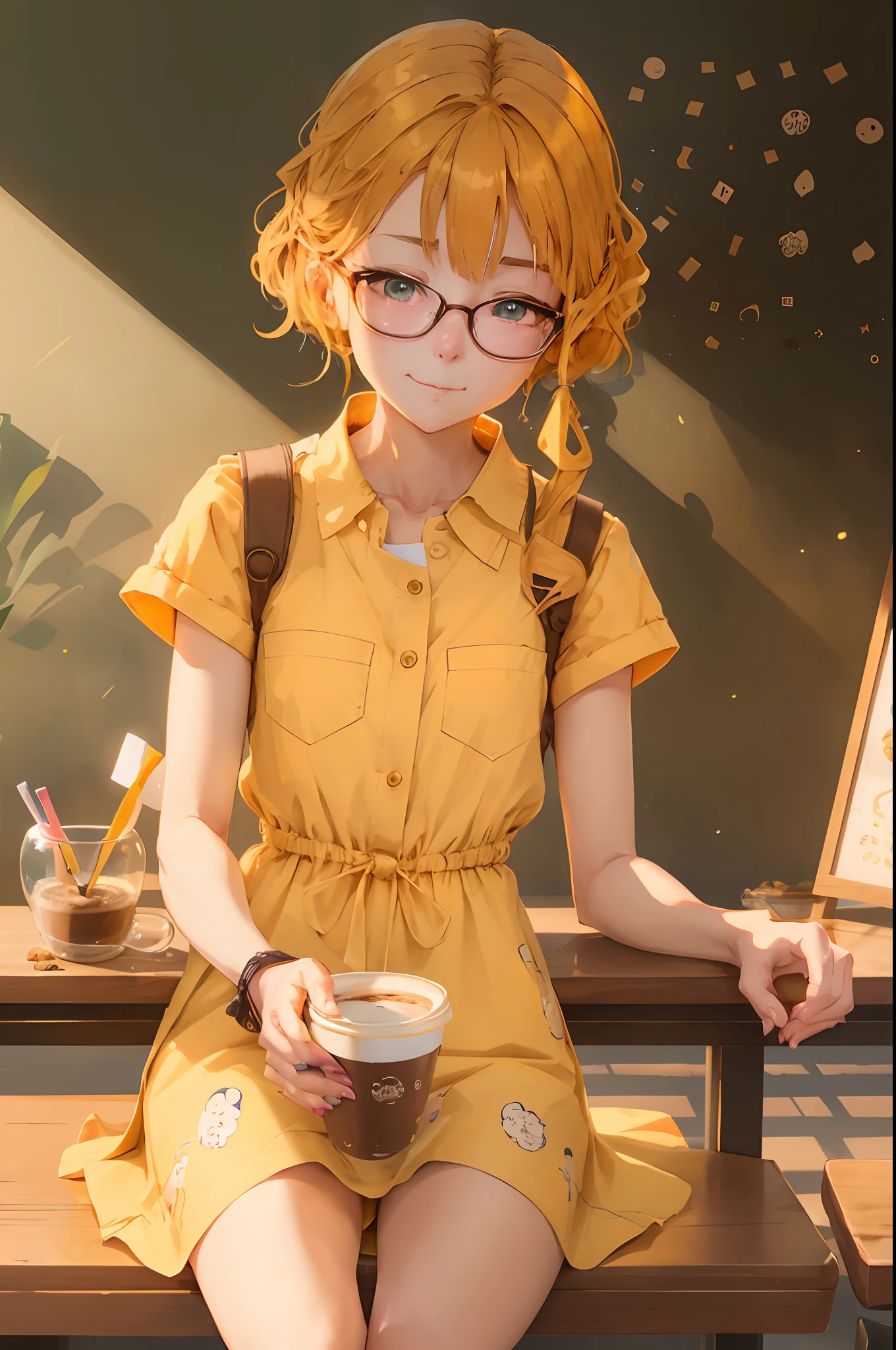 Anime girl wearing glasses sitting on bench drinking a cup of coffee, Kawaii realistic portrait, Guviz-style artwork, mysterious coffee shop girl, Artgerm and Atey Ghailan, drawn in anime painter studio, soda themed girl, Realistic anime 3 D style, realistic anime artstyle, anime realism style, anime moe art style