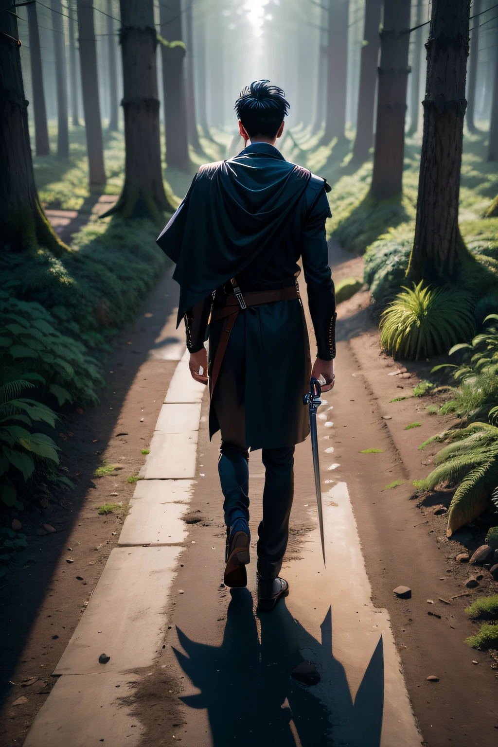 Short haired man,Black hair, vanishing point, From behind, blurryforeground, From above, in a panoramic view, Sony FE GM, Chiaroscuro, High detail, Verism, hyper HD, High details, A high resolution, Award-Awarded,A young man,Back Shadow,In his right hand he holds a long sword, Stand on a sturdy branch, View from above,Full body like,Background forest
