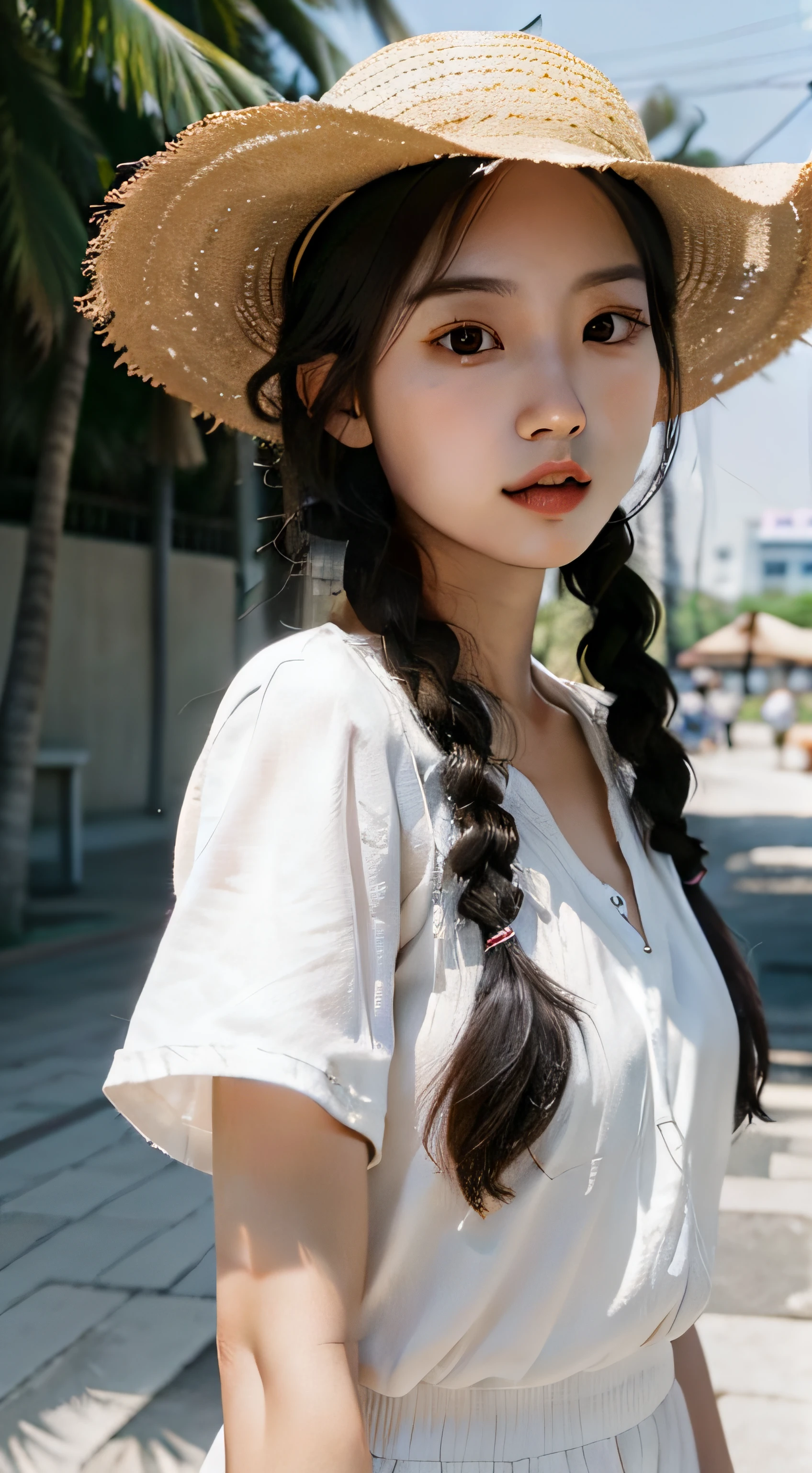 Long haired woman in straw hat and white short sleeves, Realism, Gorgeous young Korean woman, Asian girl with long hair, Beautiful young Korean woman, ulzzangs, beautiful Korean women, young cute wan asian face, Korean girl, young lovely Korean faces, Beautiful Asian girl, braid hairstyle,beachside