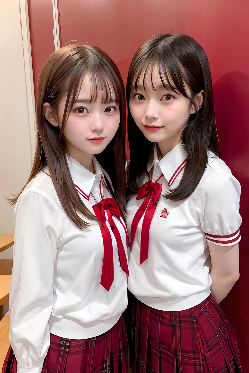 Two women in school uniforms pose for a group photo in front of the red wall, red velvet, inspired by Yanjun Cheng, JK school uniform, jaeyeon nam, wearing white clothes, two japanese schoolgirls posing, with a twin, white red, beautiful gemini twins portrait, in school uniform, seifuku, Official artwork, Red Uniform, White uniform