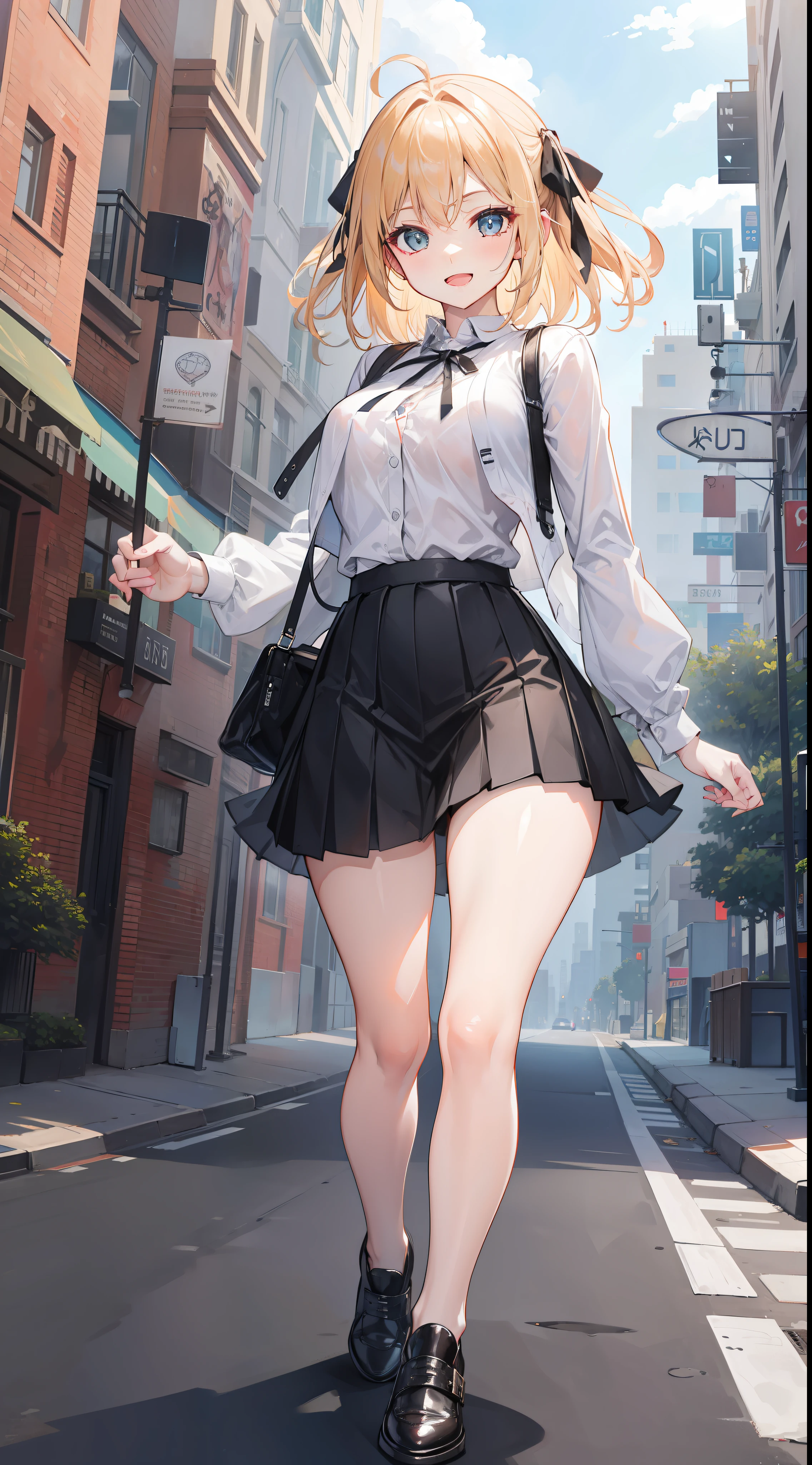 street background, traffic busy, crop shirt button, mini pleated skirt, black shoe, walking, smile, open mouth