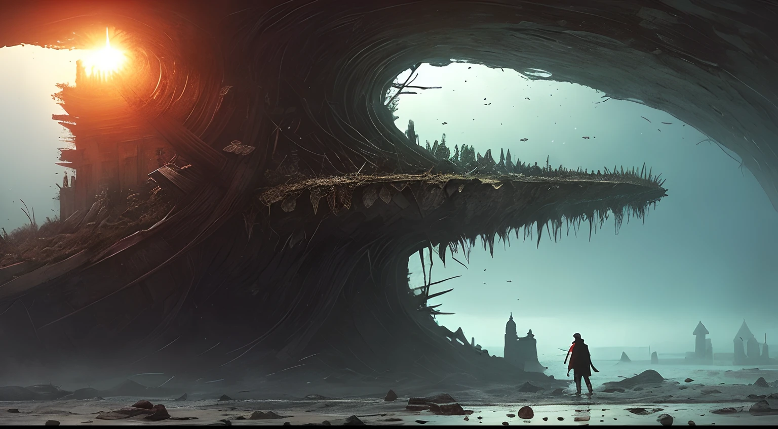 (Extreme close-up) photore (Scared:1.1) (At the bottom of the lake:0.9), (underwater plants:1.2), (A huge alien skull:1.2), There is no light in the eyes,Falling ashes, Netsuit,(The stone pillars collapsed, 12th century, 1.2),airbubble,Beam light, insanely details, Cinematic, epic realistic, Intricate details, ultra - detailed, High quality, primitive, author:Jakub Rozalski