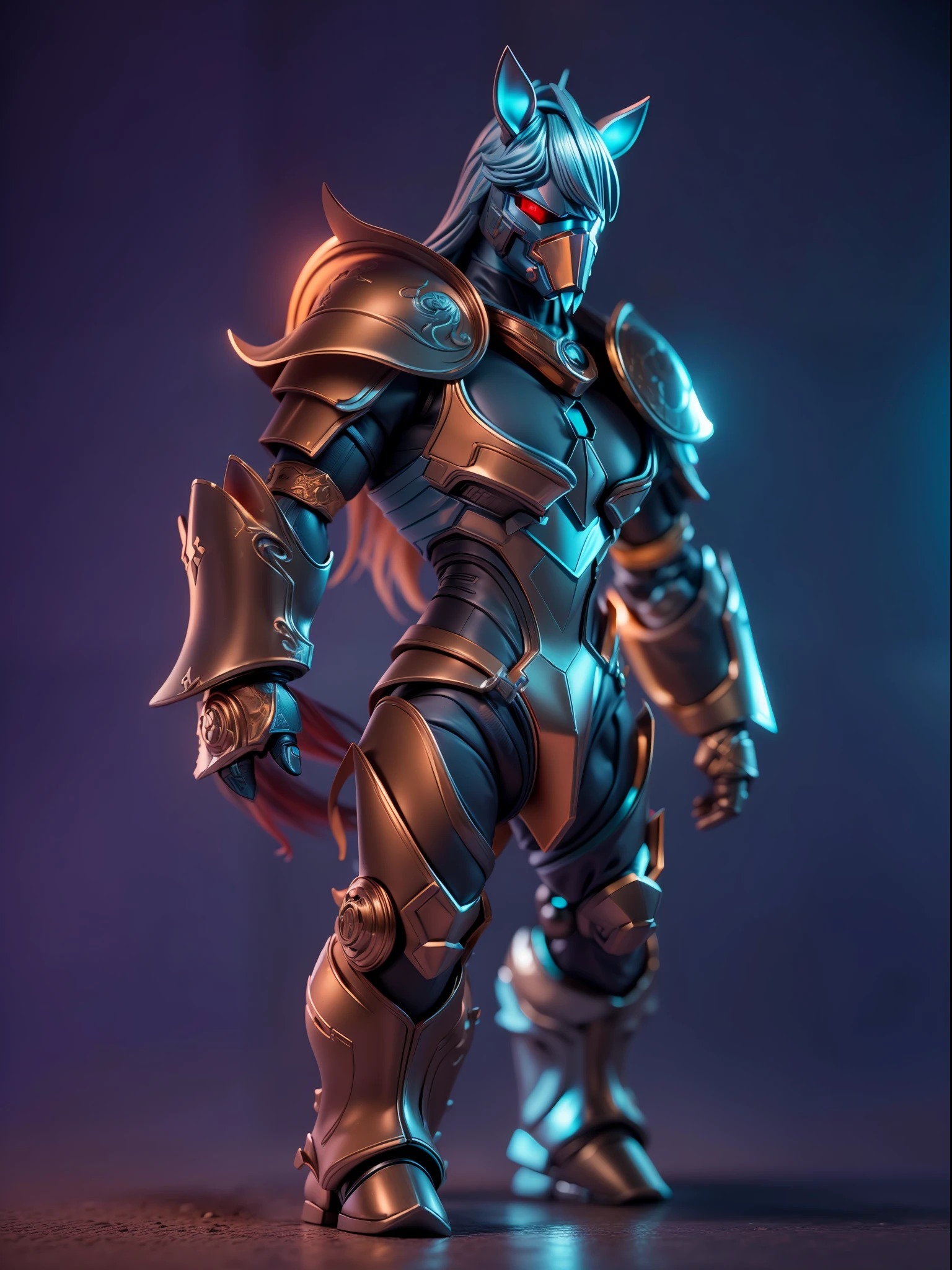 (Blind box toy style:1.3),((Full body shot))(anthropomorphism) , (1 strong horsehead metal warrior)(((solo))) metal armor,dreamy glow, Clean dark background,Red cyan style,(circular base)( Global illumination, Ray tracing, hdr, unreal render,reasonable design, high detail, Masterpiece, Best quality, hyper HD, Cinematic lighting)