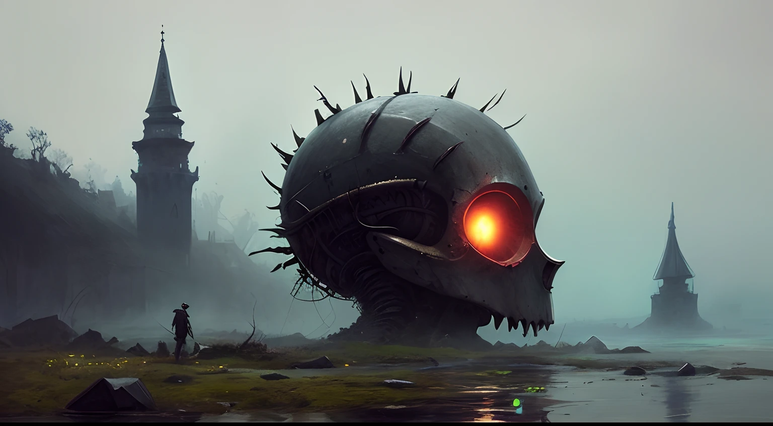 (Extreme close-up) photore (Scared:1.1) (At the bottom of the lake:0.9), (underwater plants:1.2), (A huge alien skull:1.2), There is no light in the eyes，Falling ashes, Netsuit，(The stone pillars collapsed, 12th century, 1.2),airbubble，Beam light, insanely details, Cinematic, epic realistic, Intricate details, ultra - detailed, High quality, primitive, author：Jakub Rozalski
