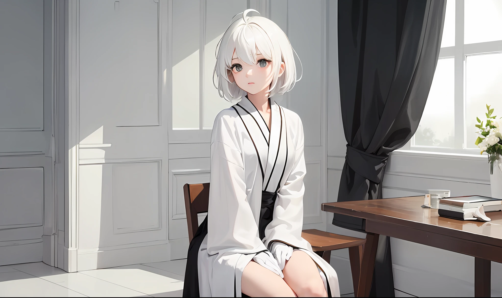((Masterpiece, Best quality)), (1girll), (Solo), (female focus), (ahoge, White hair, Short hair), Black eyes, ((long white robe)) standing, White background, arms back behind,In total, there are ten normal fingers,With white gloves,sit on chair,