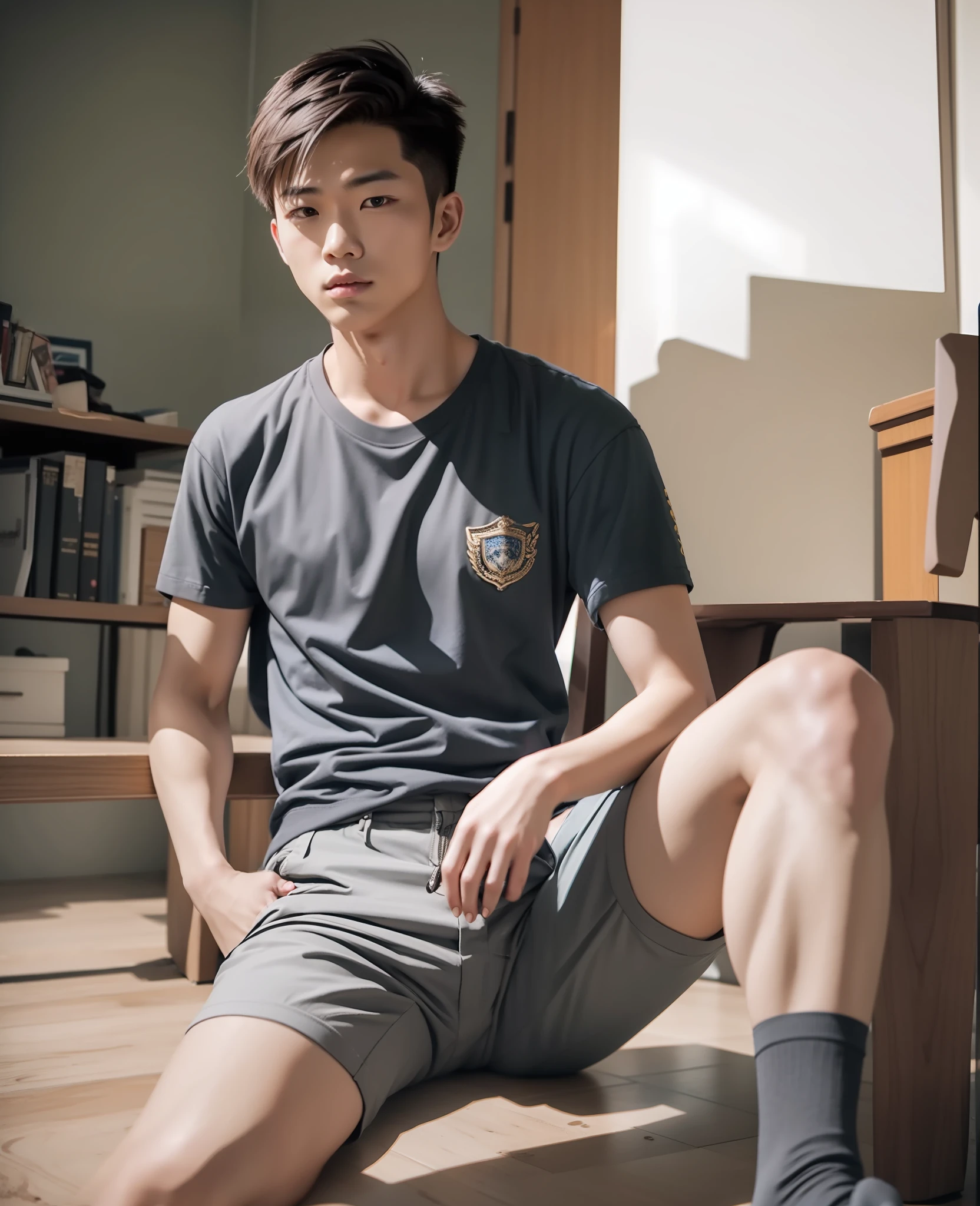 cool guy,23years old,Asian people,Works of masters,Best image quality,Higher quality,high detal,超高分辨率,8K分辨率,Exquisite facial features,,emaciated,Glowing eyes,short detailed hair,Hair details, ,[[Look away,Look to the side,Emphasize homosexuality and pay attention to every detail ,((((Bulging crotch)))))School pants,sockes