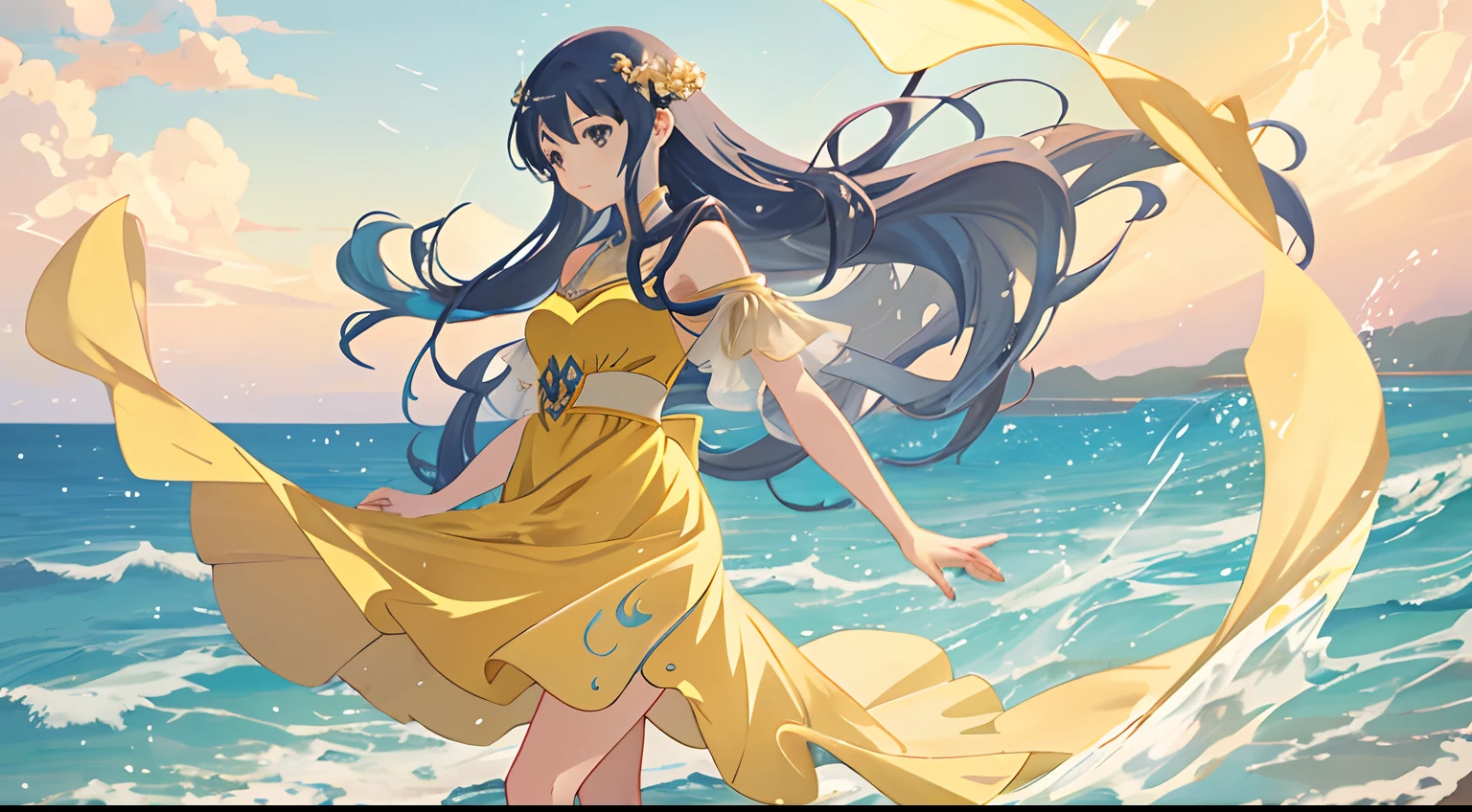 Anime girl in yellow dress walking on beach, queen of the sea mu yanling, Beautiful anime style, Beautiful anime, Makoto Shinkai Cyril Rolando, anime wallaper, flowing hair and long robes, Anime goddess, Beautiful anime artwork, Anime girl walking on water, Beautiful anime woman, Beautiful anime art, ehime, Anime art, Anime Pictures，Dark，Gray dusk，eventide，rained，Horizontal version