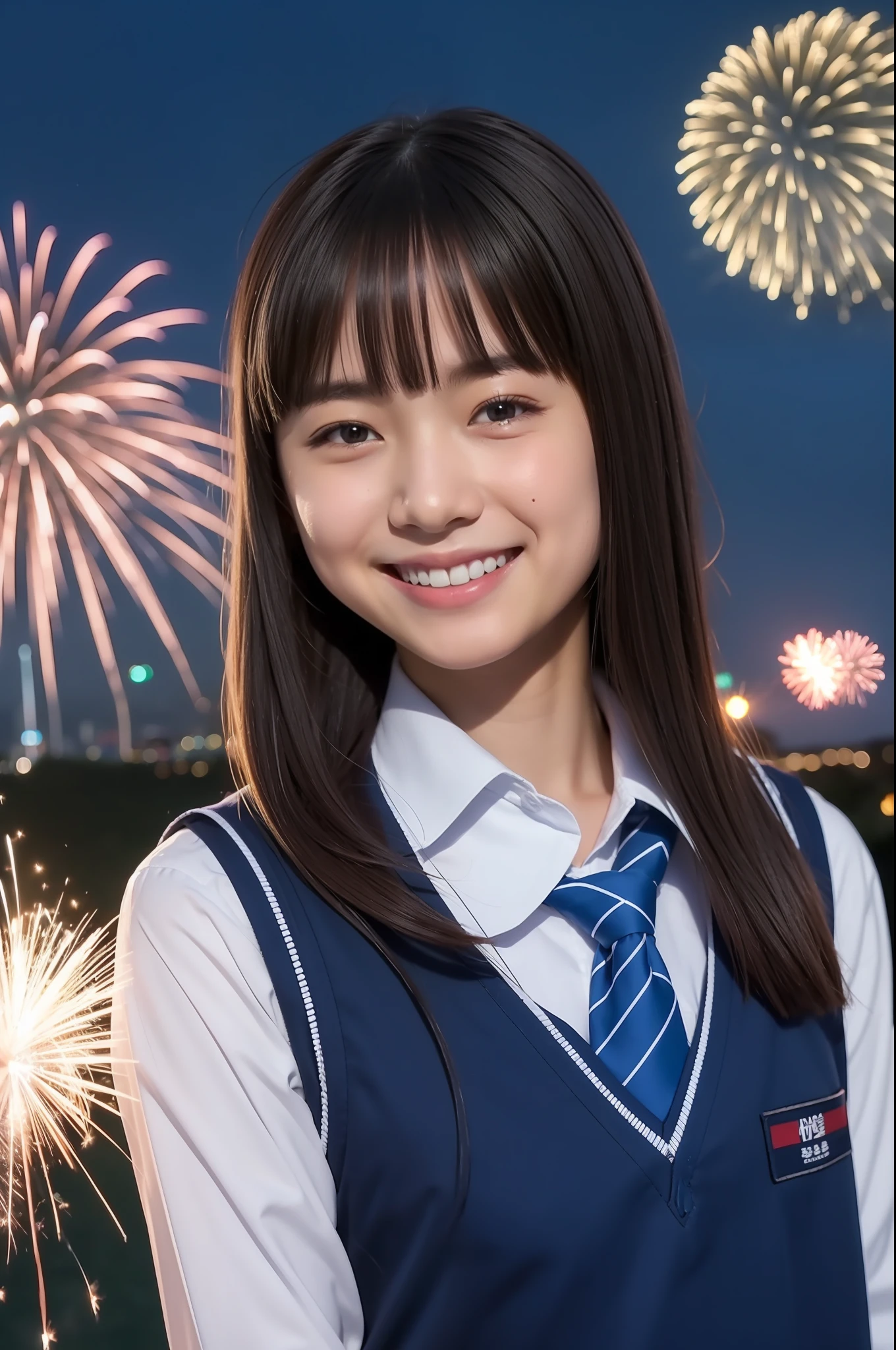 A smile、hi-school girl、校服、While doing fireworks、mare