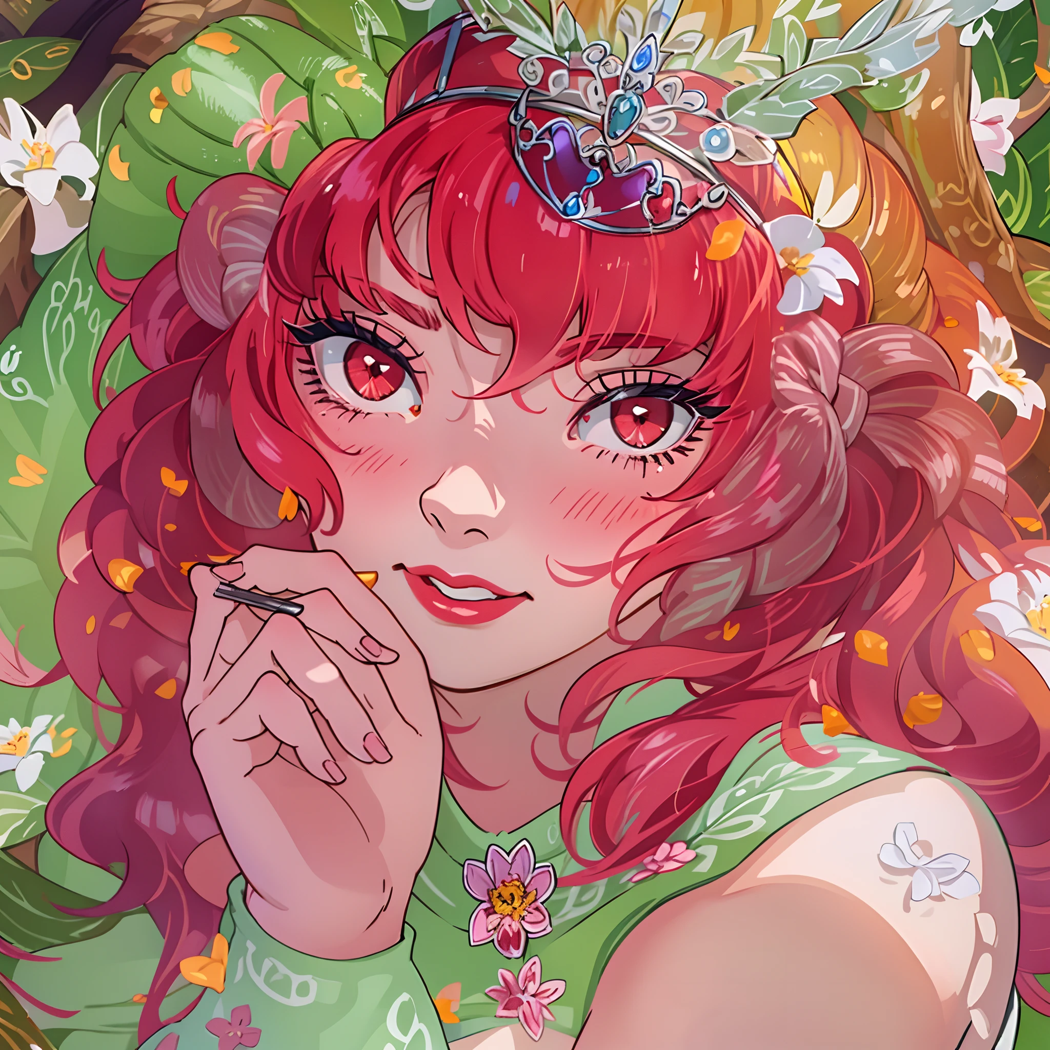 sidelighting, redhead, red eyes, lustrous skin, (bloom), (shine), bangs, eyeshadow, red lipstick, mascara, tiara, eyes close-up