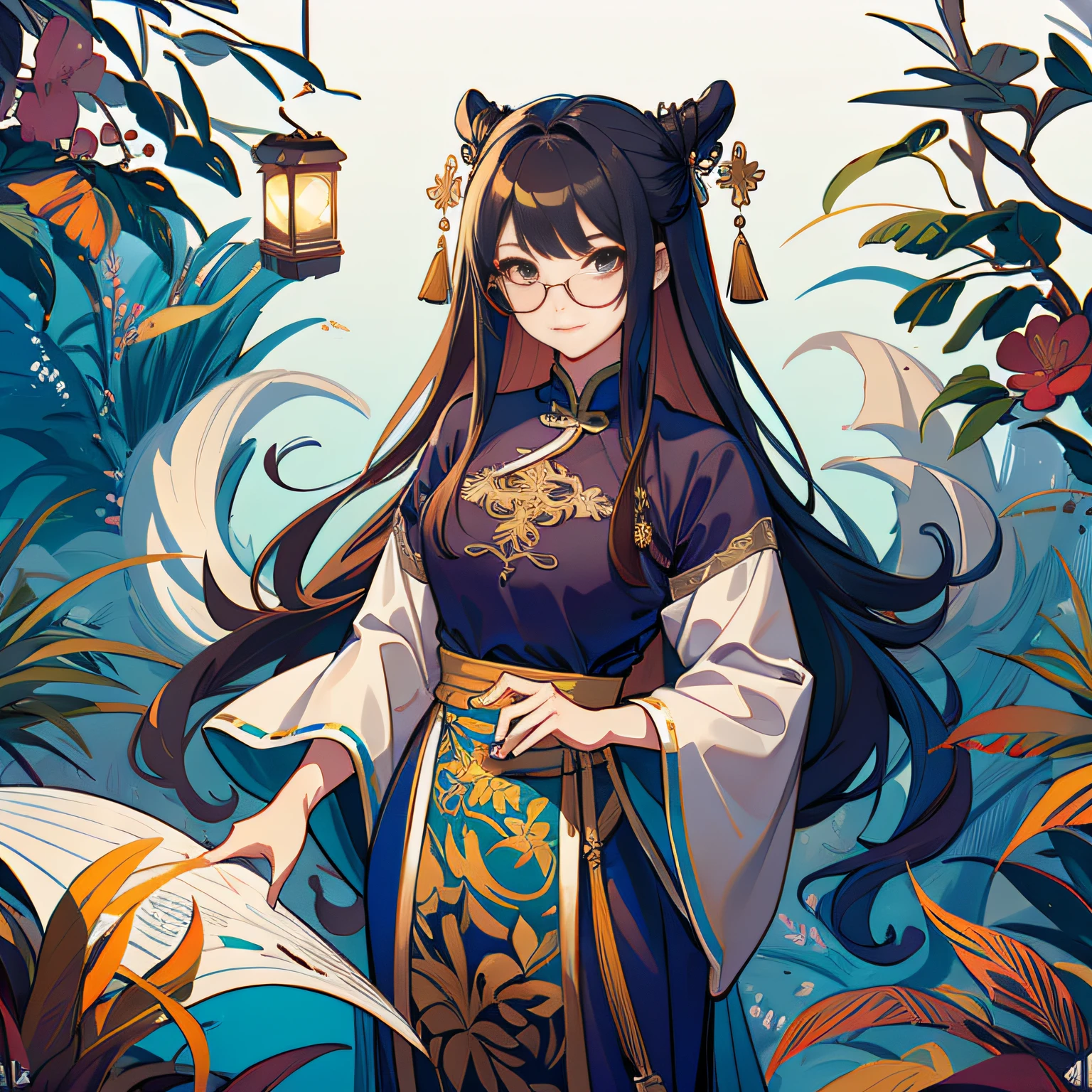 ancient vietnamese costumevietnamese, she wear glasses and dress, character painting, artwork in the style of guweiz, uniform 8k wallpaper, super detail, 32k