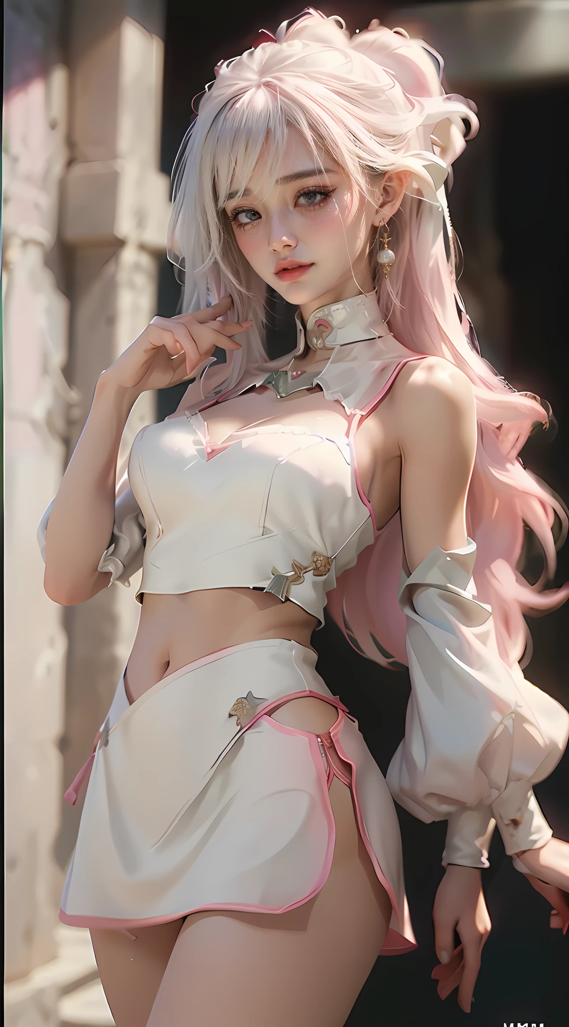 league of legend, (jinx \(league of legends\), 1girl, twin braids, single elbow glove, short shorts, bikini top only, necklace, belt, bullet, fingerless gloves), Solo、full body shot of,standing on your feet,head to toe,slimfigure、White web set、White plastic tights paired with thin clothes, golden glove、 ((mini-skirts)),Wearing pink tights under skirt、 (Full body suit that does not expose skin), shiny thin clothes、White plastic ceramic full body suit、Body-hugging armor