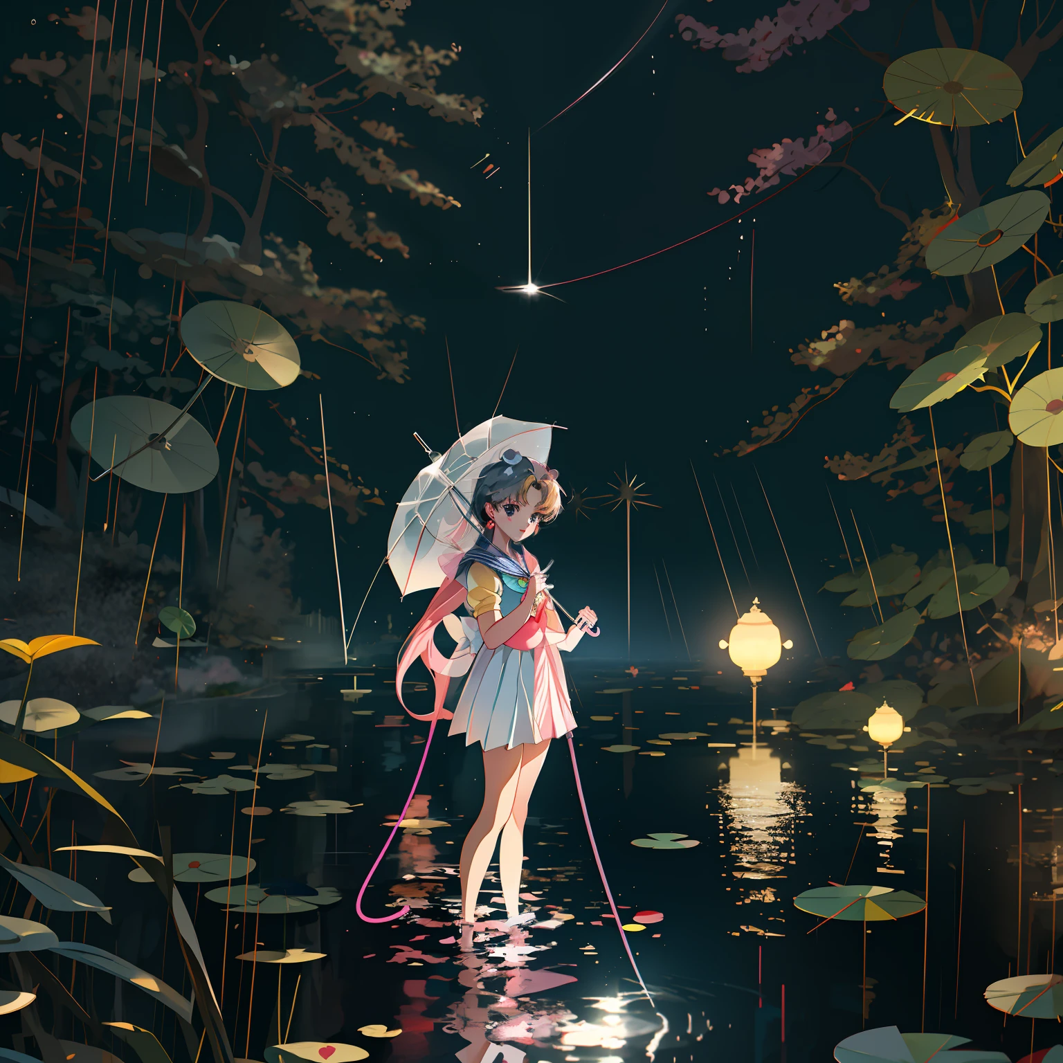 anime characters of a girl and in a sailor suit, standing in the rain with umbrella, splash art anime ****, sailor moon style, inspired by Sailor Moon, realistic anime 3 d style, cute digital art, anime styled 3d, 8k, cute artwork, anime style illustration, kawaii rainy gloomy, 4k, masterpiece, original art, beautiful lighting, light streams, caustics,lilypads, zeiss, sigma, photography, canon 5d