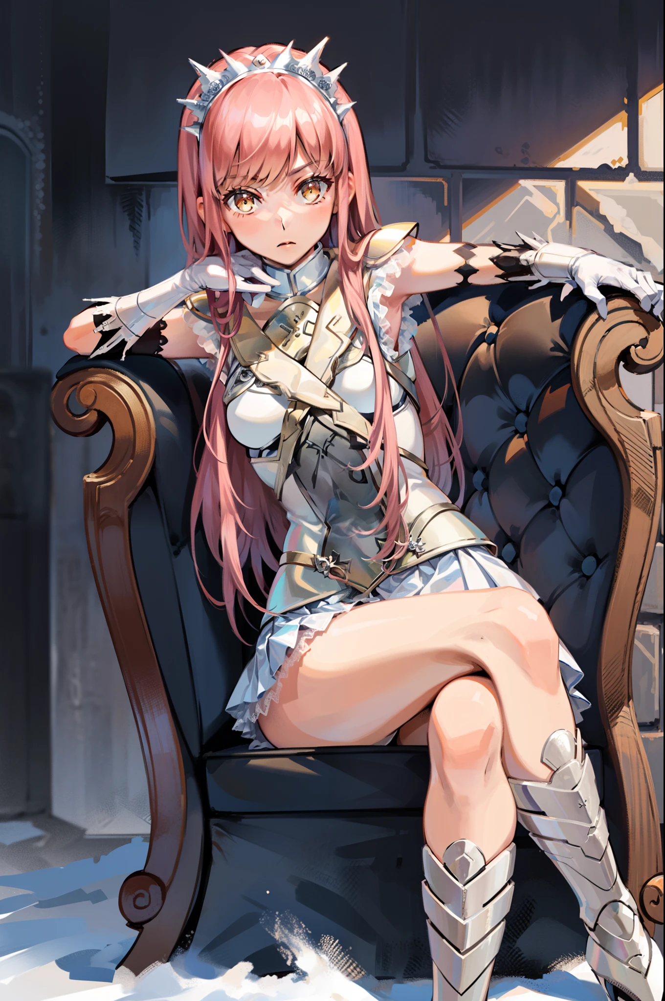 masterpiece,best quality, 1girl, solo, indoors, fireplace, sitting, crossed legs, looking at viewer, medb \(fate\), tiara, white elbow gloves, white skirt, white boots, armor,