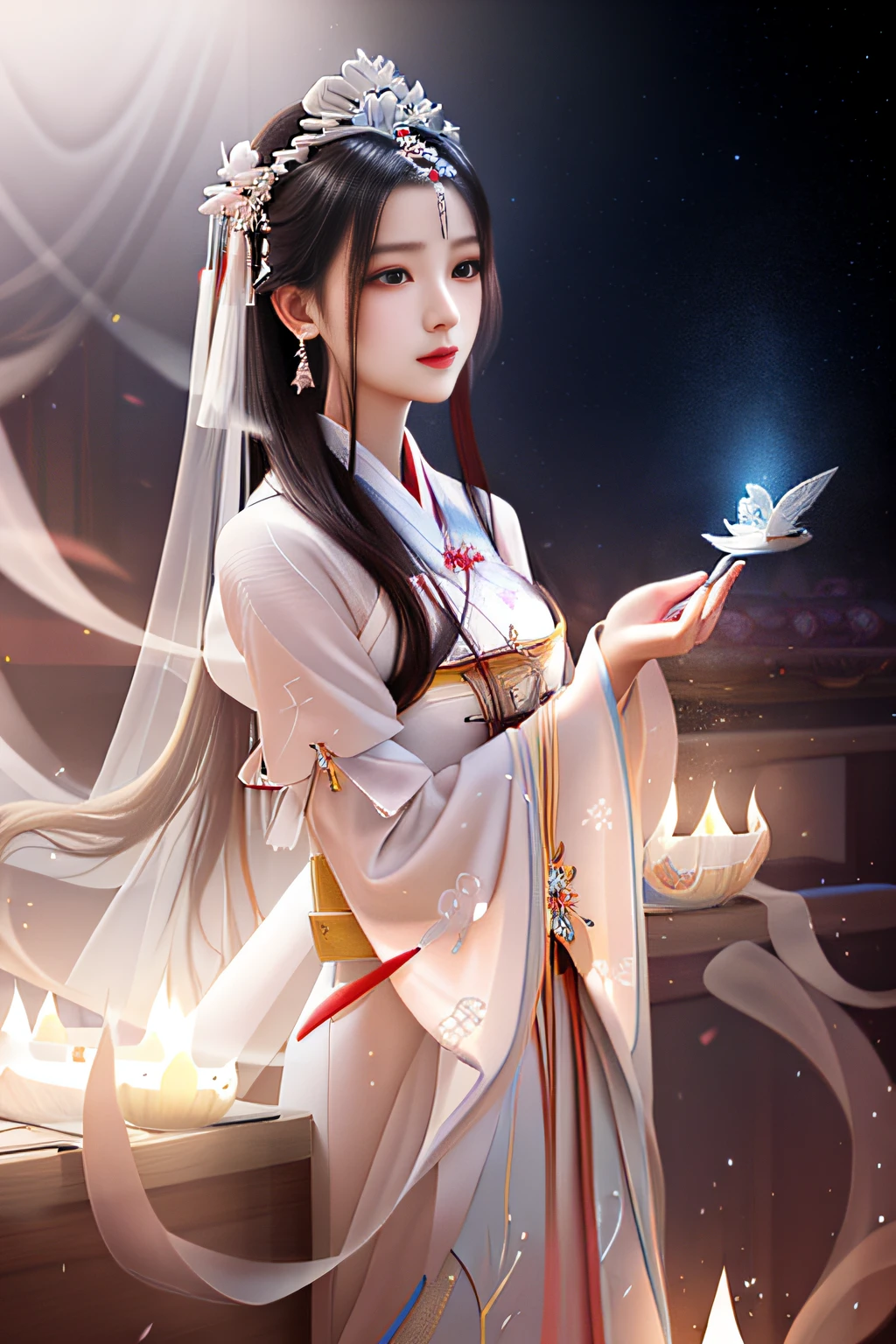 There is a woman in white dress, Palace ， A girl in Hanfu, Guviz-style artwork, White Hanfu, Beautiful character painting, Guviz, a beautiful fantasy empress, Beautiful digital artwork, Wearing ancient Chinese clothes,  ((a beautiful fantasy empress))