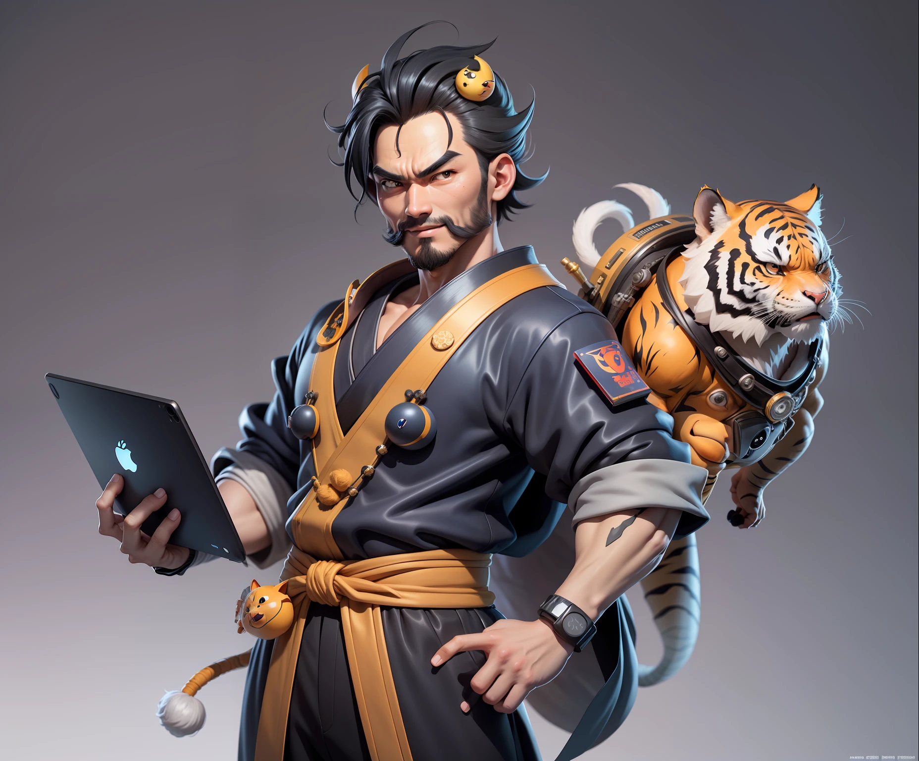 (Daisaku),(Need),(Super meticulous),(full bodyesbian:1.2),Super young man with Japanese geisha,Beautiful,orient,one tiger,Aeolian Thor,Raised sexy,爆乳,Oriental face,TV Anchor,Bust portrait illustration,In black suit,a blue tie,The face is slightly chubby,The face was clean,without a beard,Black super short hair,Black eyes,Smile confidently,3C computer sub-products,iPad, iphone,Digital painting,3D character design by Mark Clairen and Pixar and Hayao Miyazaki and Akira Toriyama,The illustration is a high-definition illustration in 4K resolution,With very detailed facial features and cartoon-style visuals。