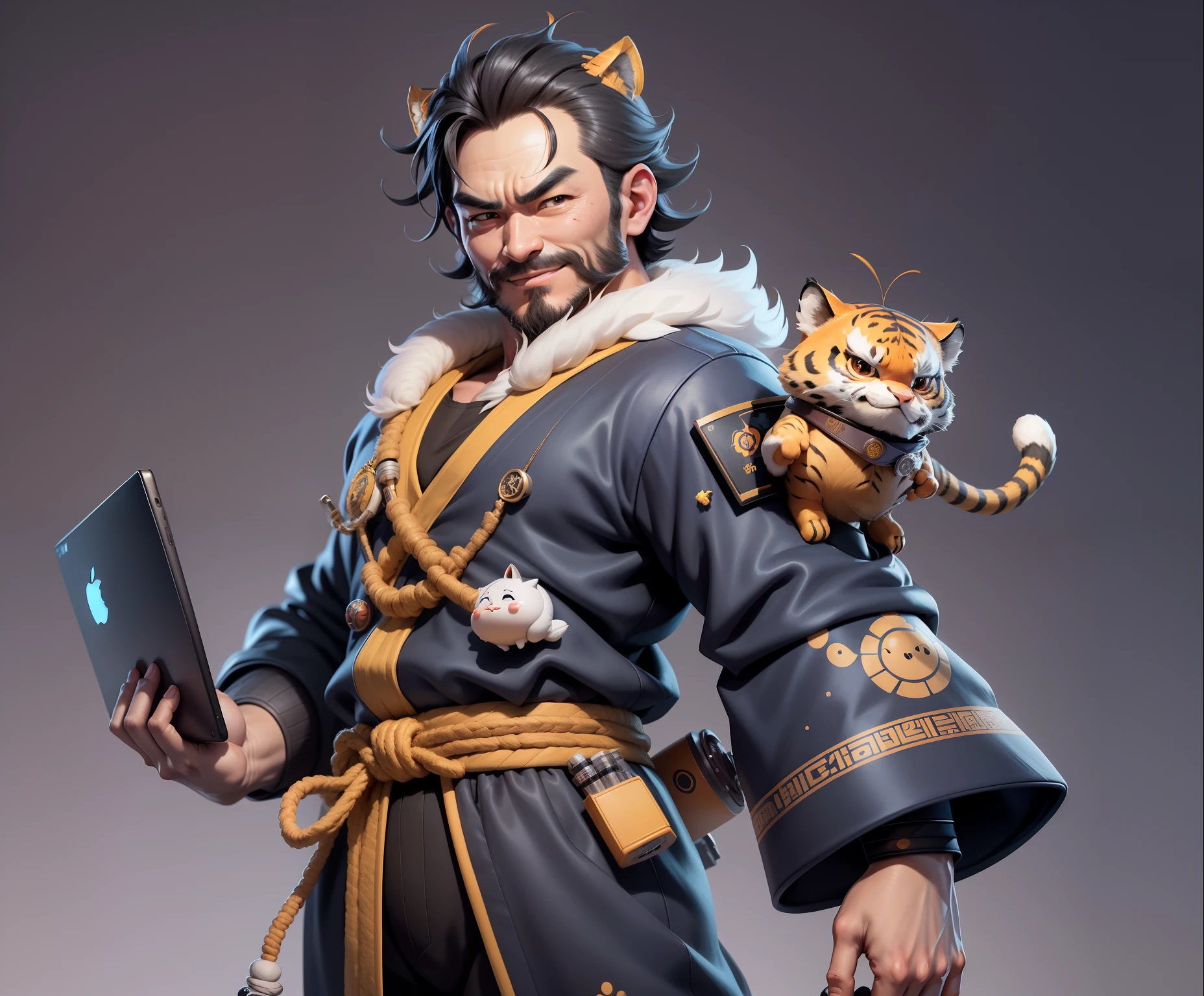 (Daisaku),(Need),(Super meticulous),(full bodyesbian:1.2),Super young man with Japanese geisha,Beautiful,orient,one tiger,Aeolian Thor,Raised sexy,爆乳,Oriental face,TV Anchor,Bust portrait illustration,In black suit,a blue tie,The face is slightly chubby,The face was clean,without a beard,Black super short hair,Black eyes,Smile confidently,3C computer sub-products,iPad, iphone,Digital painting,3D character design by Mark Clairen and Pixar and Hayao Miyazaki and Akira Toriyama,The illustration is a high-definition illustration in 4K resolution,With very detailed facial features and cartoon-style visuals。