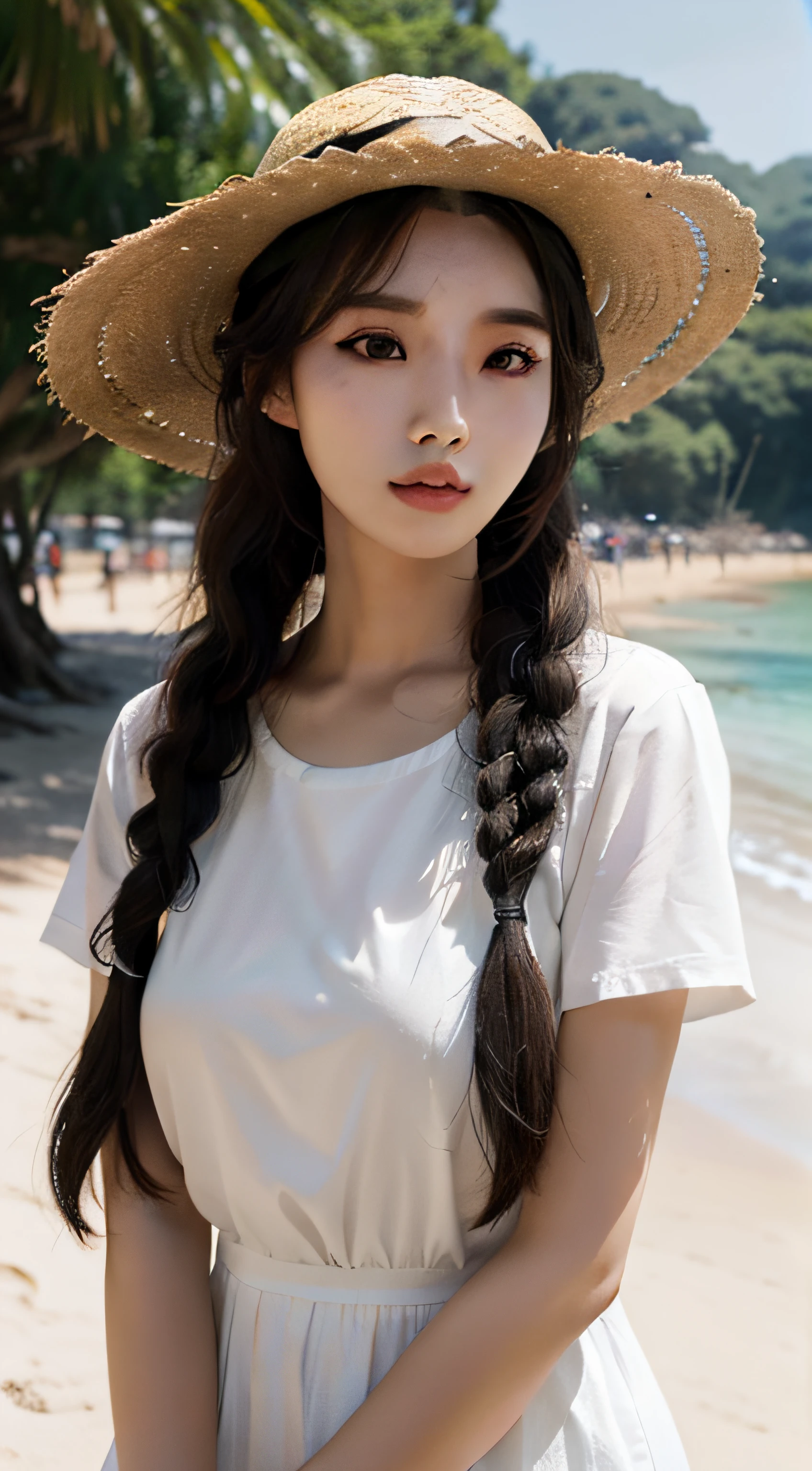 Long haired woman in straw hat and white short sleeves, Realism, Gorgeous young Korean woman, Asian girl with long hair, Beautiful young Korean woman, ulzzangs, beautiful Korean women, young cute wan asian face, Korean girl, young lovely Korean faces, Beautiful Asian girl, braid hairstyle,beachside
