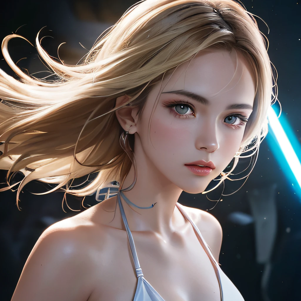 (8K, RAW Photos, of the highest quality, Masterpieces: 1.2), (Realistic, Photorealistic: 1.37), Highest Quality, Ultra High Resolution, light leaks, Dynamic lighting, Slim and smooth skin, (Full body:1.3), (Soft Saturation: 1.6), (Fair skin: 1.2), (Glossy skin: 1.1), Oiled skin, 22 years old, Night, shiny white blonde, Well-formed, Hair fluttering in the wind, Close-up shot of face only, Physically Based Rendering, From multiple angles, The bikini, (lightsaber:1.2)