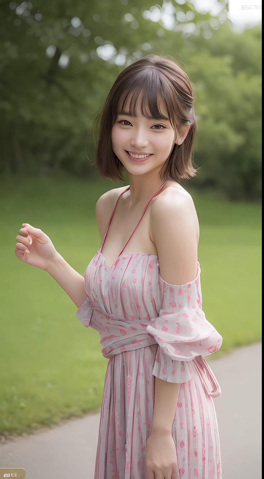 Highest quality, masterpiece, Ultra-high resolution, (Realistic:1.4), Voluptuous,Beautiful woman,(Shortcuts) (garden)Beautiful Skin, Fine skin, 魅惑的なsmile, Bokeh, smile, Shortcutsヘア, Brightly colored patterned dress,