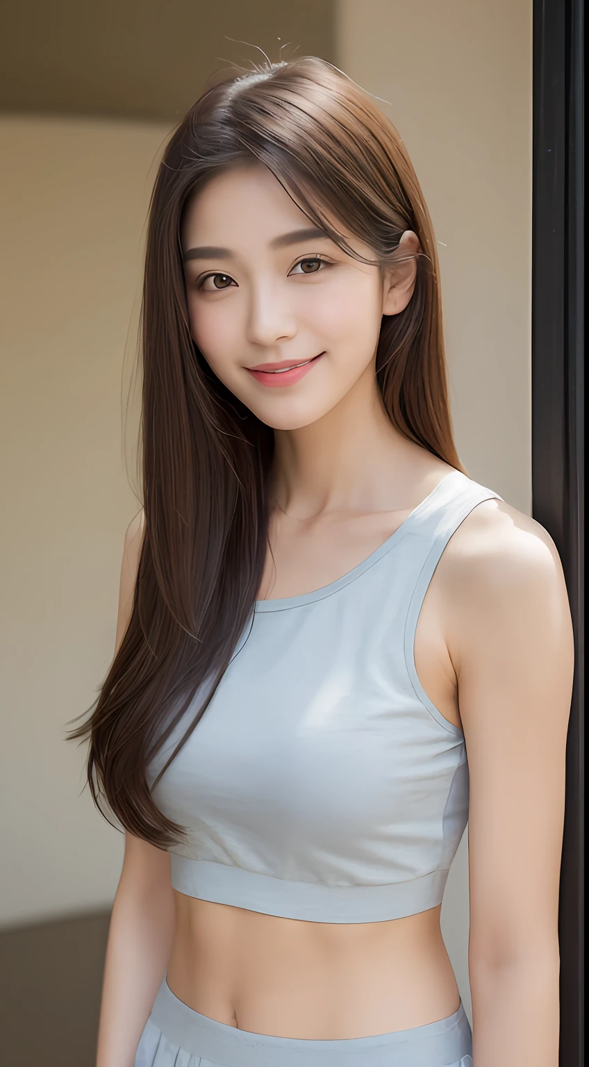 ((Best Quality, 8K, Masterpiece: 1.3)), 1 Girl, Slim Abs Beauty: 1.3, (Hairstyle Brown Hair Shortcut, Big: 1.2), Dress: 1.1, Super Slender Face, Delicate Eyes, Double Eyelids, Smile, Home, Raw Photo