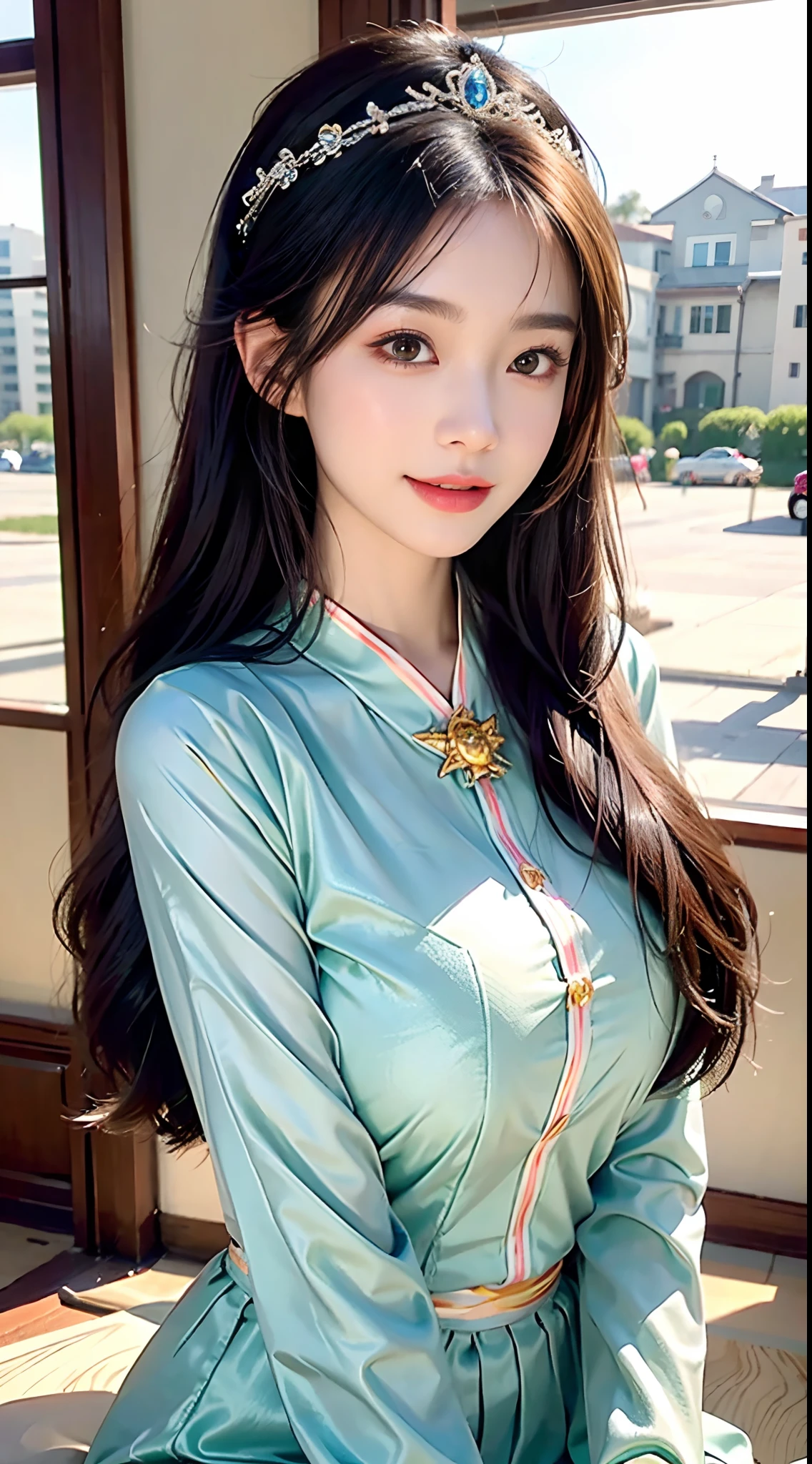 a big breast chinese girl, Cute face, cheerfulness, Long hair, Impressive hairstyle, wearing tiara，A pair of bright and reverent eyes，The eyebrows are slender and elegant，The slightly curved eyebrow shape exudes confidence and charm。Her nose is small and three-dimensional，It matches the shape of her face perfectly。Her lips were rosy and plump，The corners of his slightly upturned mouth revealed a sweet smile， Flight attendants make costumes，The color of the costume is random，wearing jewellery,  黑The eye, Above Knees，（The breasts are large but not exposed：1.1），（A high resolution：1.3），random hair style， Super fine face and eyes， Hit in a random pose，Anatomically normal，realisticlying,exterior,strong rimlight，（highdetailskin：1.2），8K，hyper HD，high high quality，Background bokeh，（Hide your hands：1.3）（The hand is not in the shot：1.5）