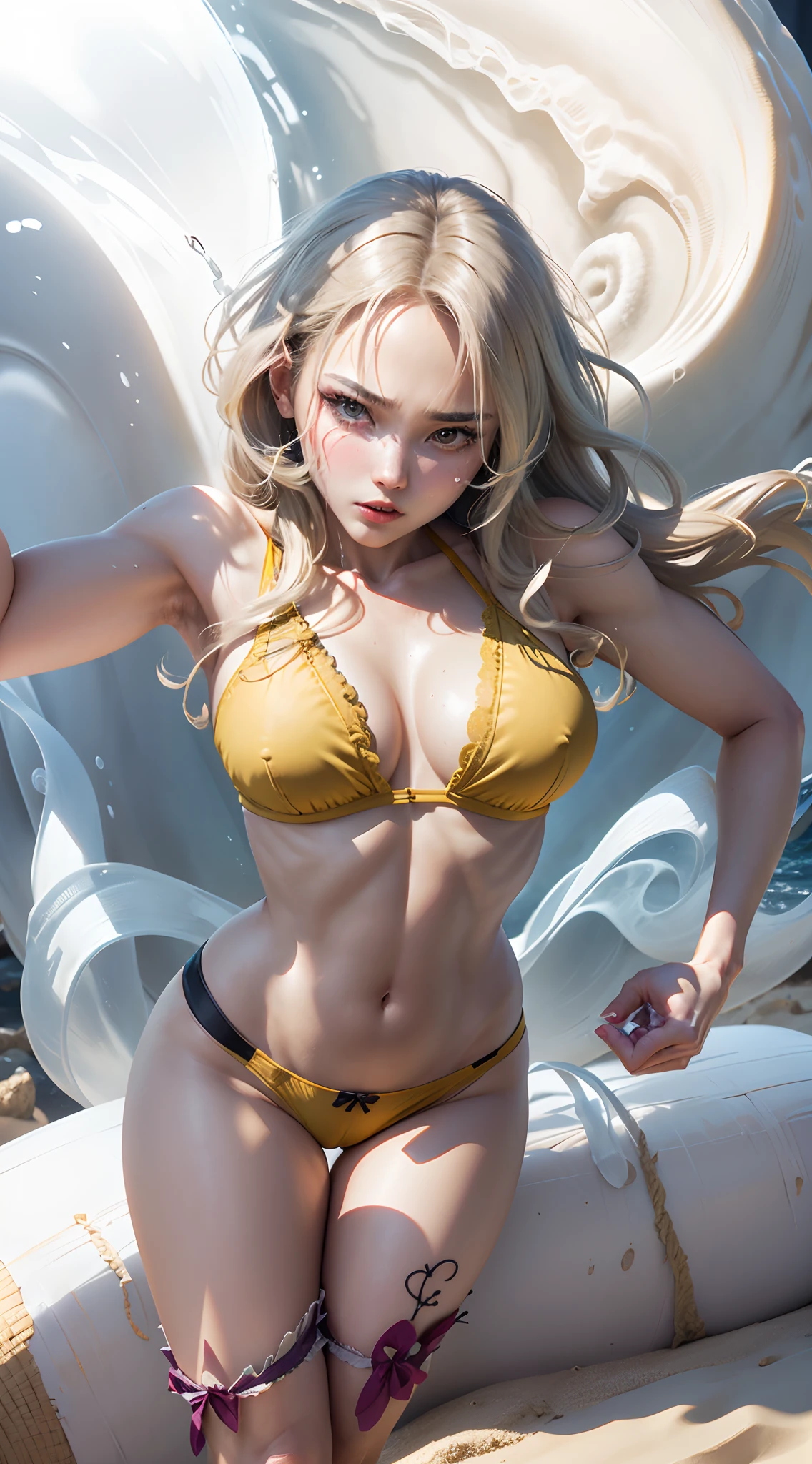 (Masutepiece: 1.3), (maximum resolution: 1.2), (Ultra HDTV: 1.2), cinematic lighting, 8K resolution, Eye and skin detail, detailed facial features, , ( Sharp focus: 1.2), (Face focus: 1.2) , Perfect style, Beautiful, sharp face, Anatomically accurate, Highly detailed facial structure and skin, Eyes limb Details, Double eyelids, Thin eyebrows, Glitter eyeliner: 1 Natural cheeks, Glossy skin, Fair skin: 1.2, (Lipstick: 1.4), 、( Shy look: 1.2), Skin texture detail and face, Eye detail, Double eyelids, Natural cheeks, , Glossy lips: 1.4, Protruding cleavage、(Mass sperm count: 1.4) (Large thigh sperm count: 1.2)) Blushing 、shy、impatience、frustration、fear of being stared at, open-knee masturbation, open-legged masturbation、chest stroking、yellow underwear、yellow bra, small flower ears Wearing stockings、Thighs sweat、Transparent underwear、 25 years old, neat and clean Clean woman 、Blonde hair、Colored hair、Long hair, Big boobs, Upturned, Standing in the sand, Beach、(Page) Complete bikini Edit): 1.5、Long blonde hair, Landscape with lots of sea water, Some coconut trees, big breasts