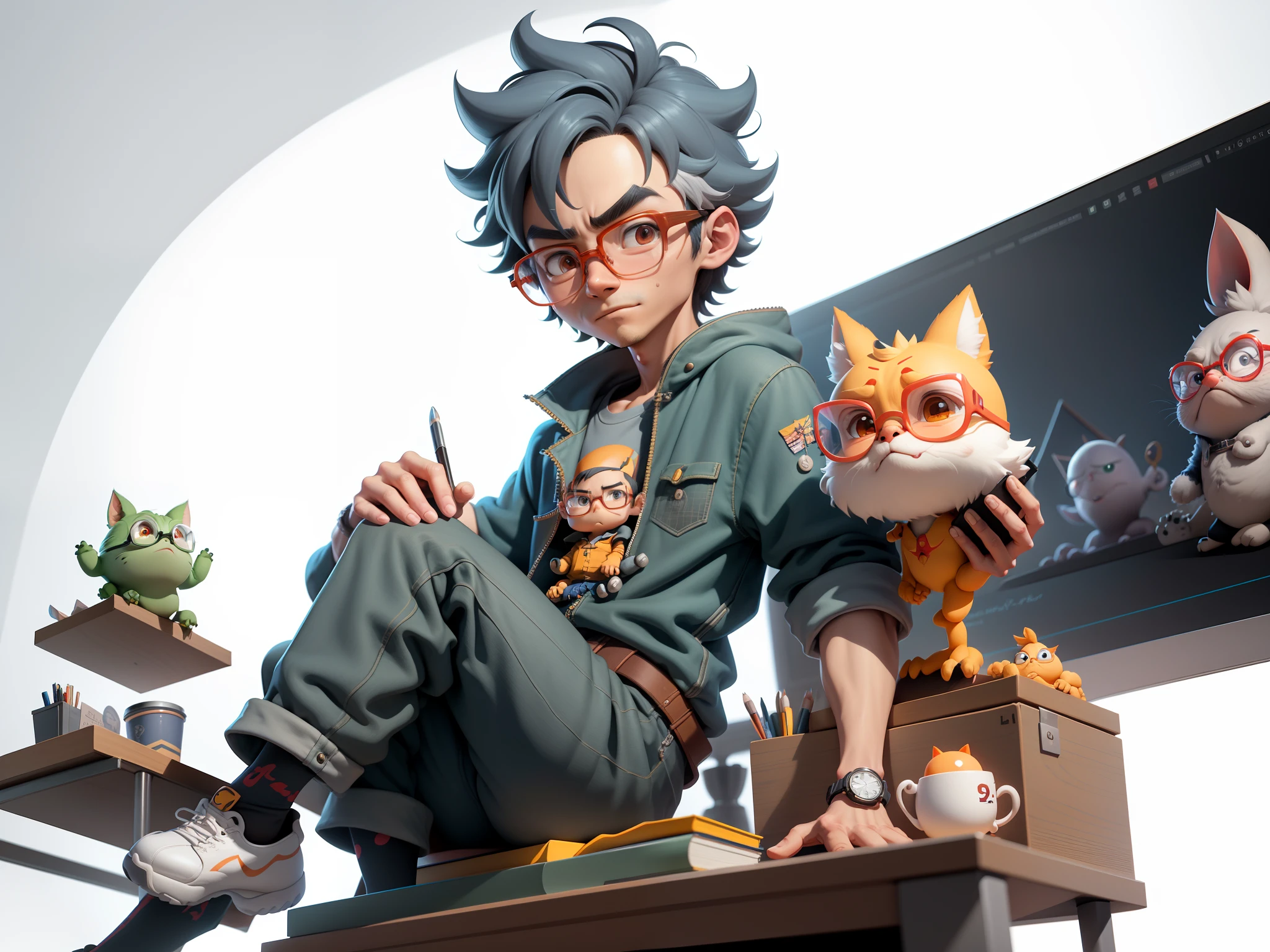 A young man with glasses sits at his desk,holding laptop,digitial painting,3D character design by Mark Clairen and Pixar and Hayao Miyazaki and Akira Toriyama,4K HD illustration,Very detailed facial features and cartoon-style visuals。