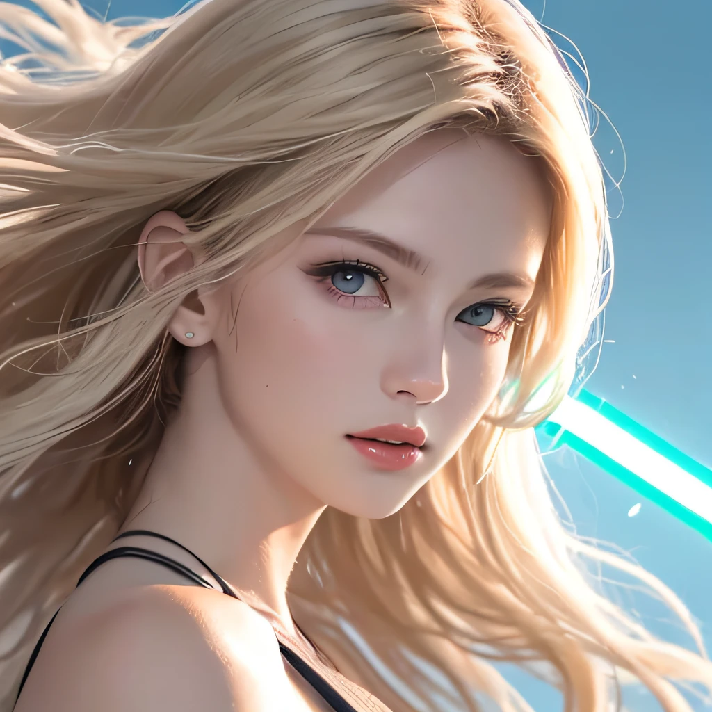 (8K, RAW Photos, of the highest quality, Masterpieces: 1.2), (Realistic, Photorealistic: 1.37), Highest Quality, Ultra High Resolution, light  leaks, Dynamic lighting, Slim and smooth skin, (Full body:1.3), (Soft Saturation: 1.6), (Fair skin: 1.2), (Glossy skin: 1.1), Oiled skin, 22 years old, Night, shiny white blonde, Well-formed, Hair fluttering in the wind, Close-up shot of face only, Physically Based Rendering, From multiple angles, The bikini, (lightsaber:1.2)